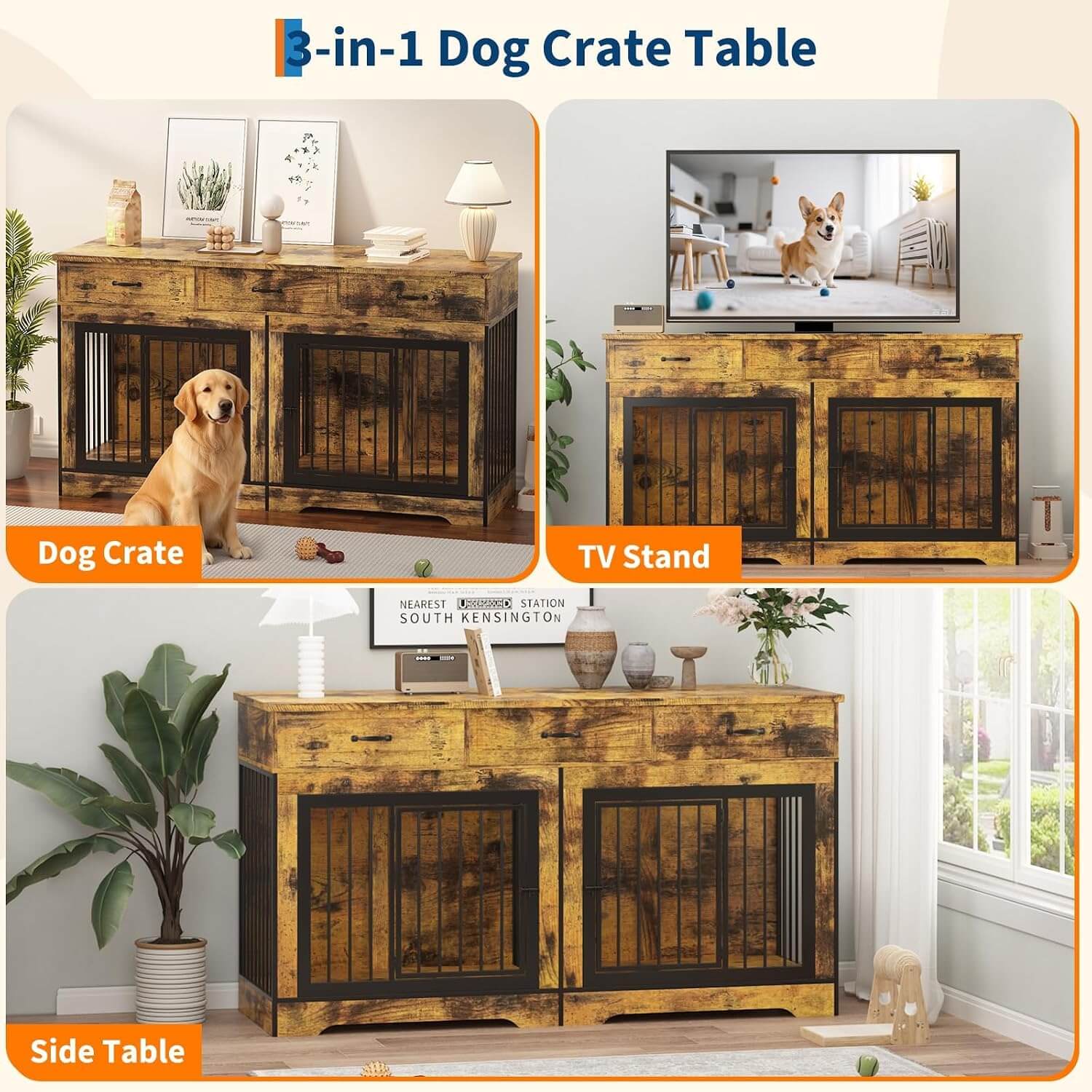 Garvee 71" XL Double Dog Crate Furniture, 3 Drawers