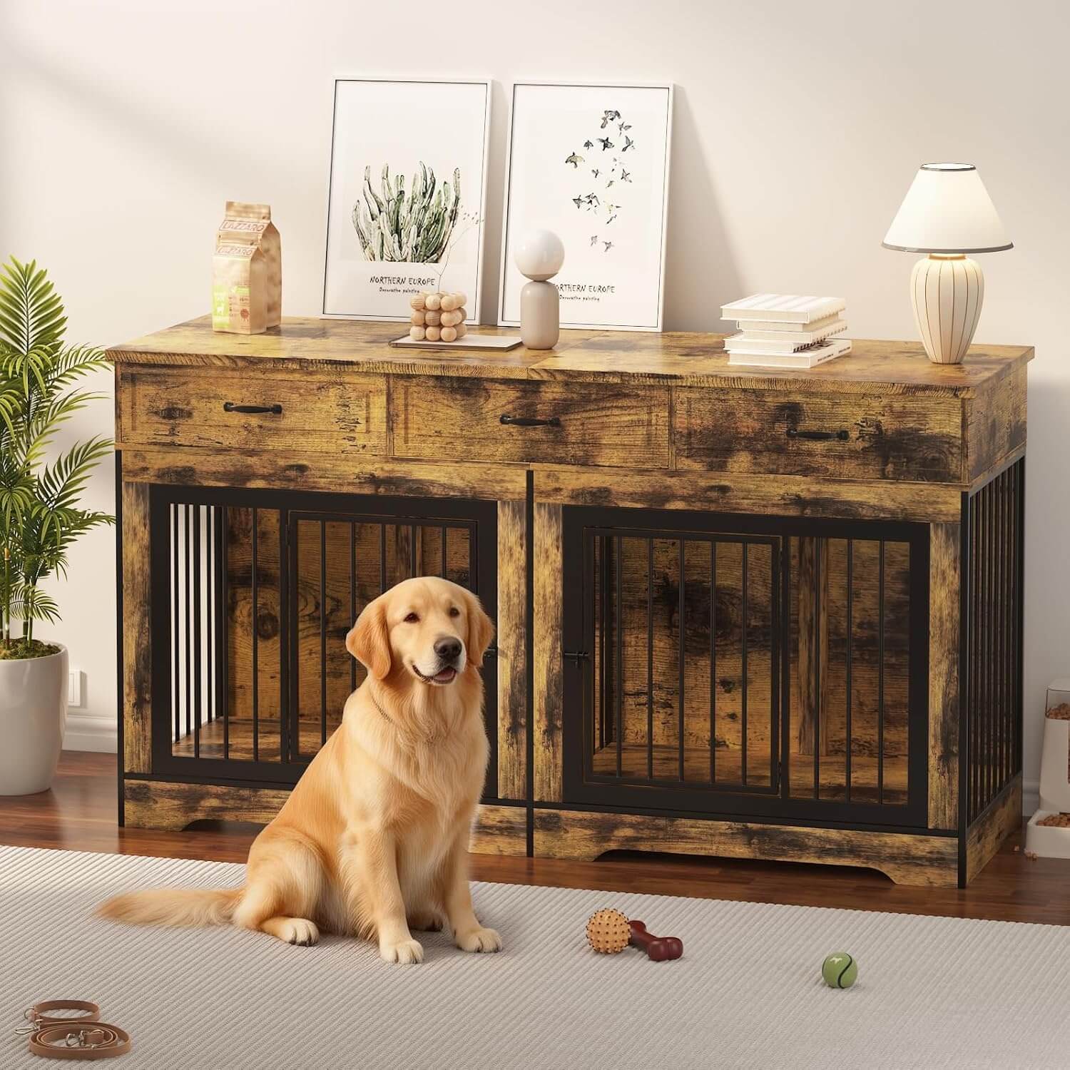 Garvee 71" XL Double Dog Crate Furniture, 3 Drawers