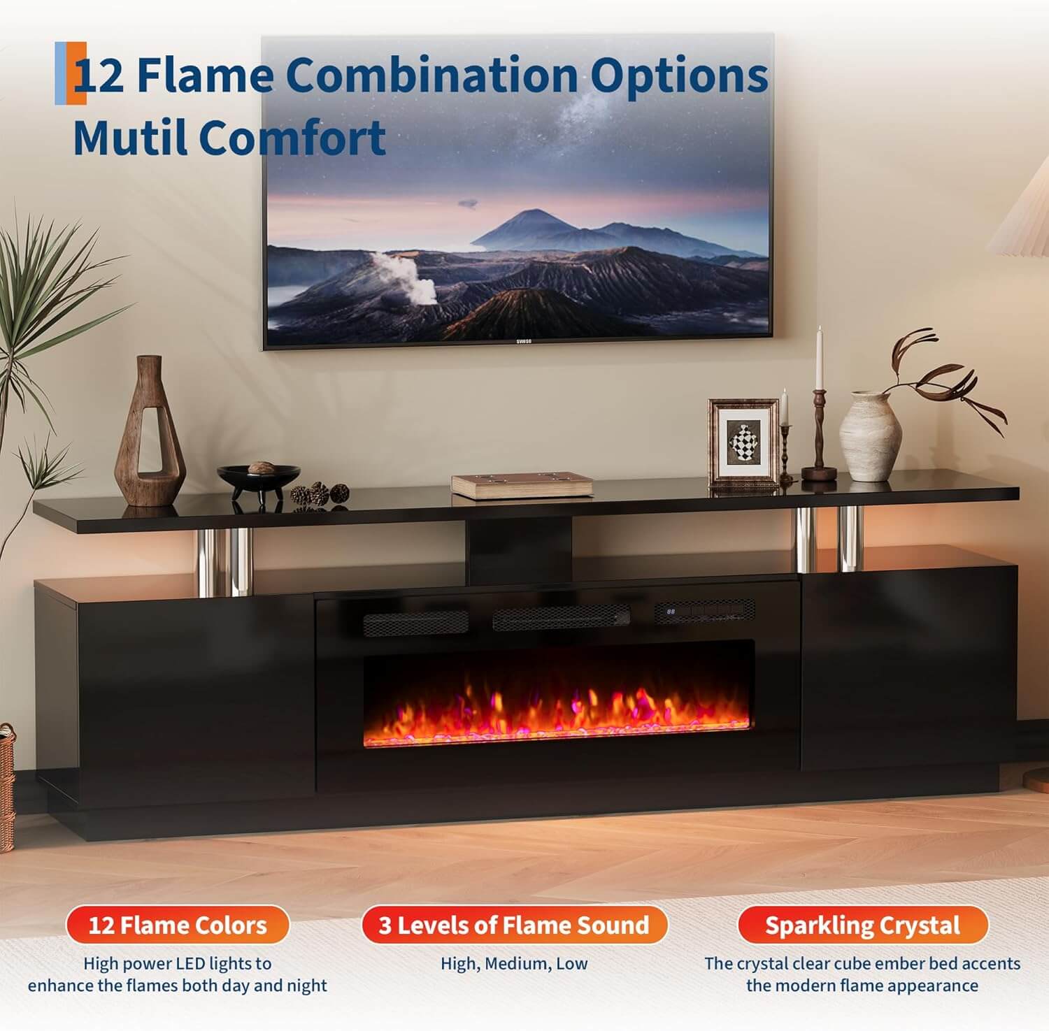 Garvee Entertainment Center 70" TV Stand with 36" Electric Fireplace