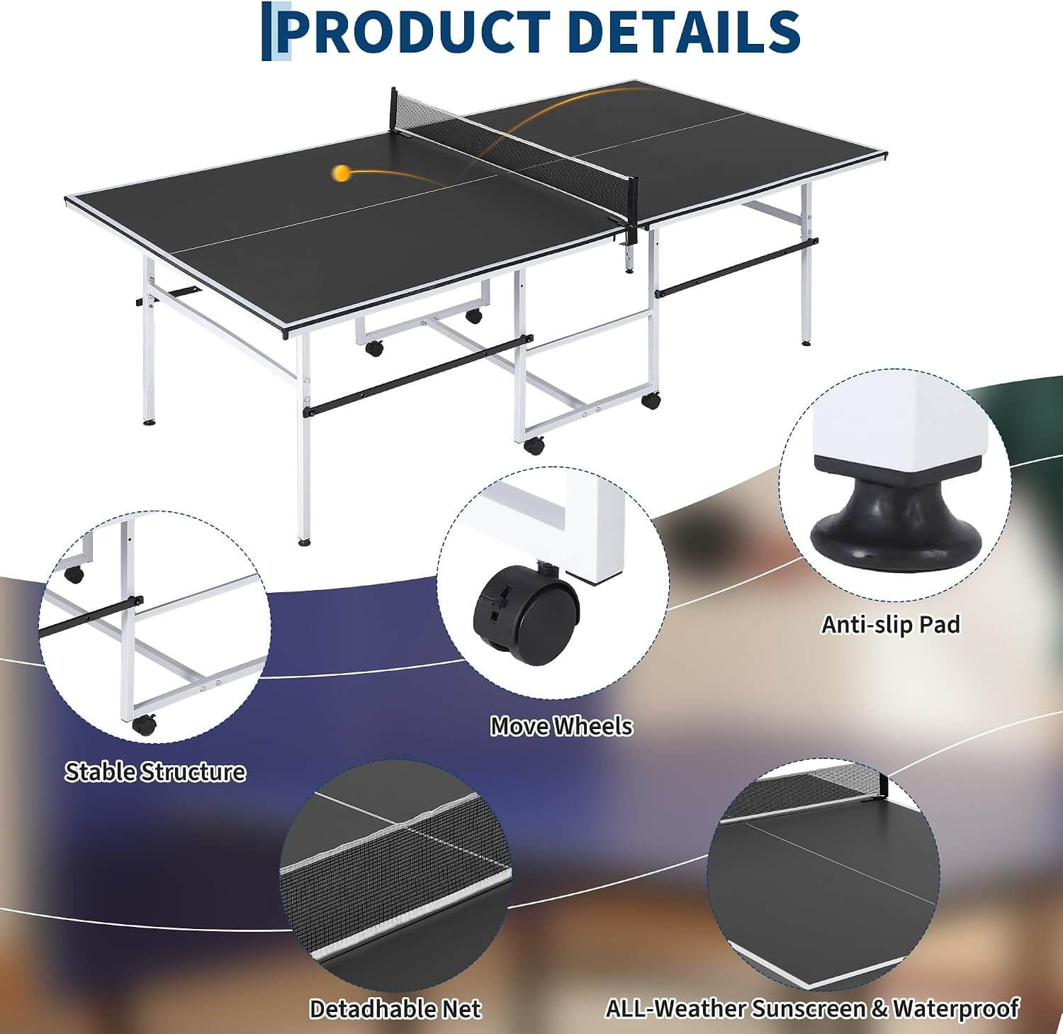 Garvee FDHSD 8ft Portable Ping Pong Table Tennis Table