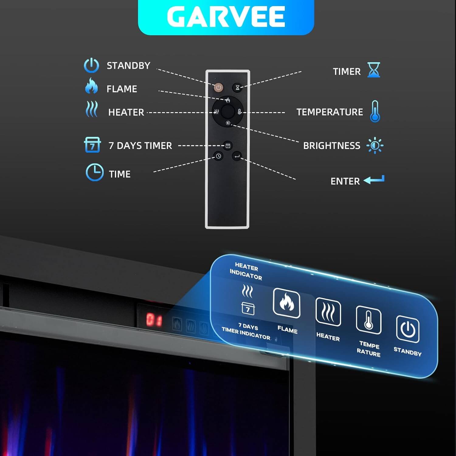 Garvee Wall Mounted/Recessed Electric Fireplace, Remote Control