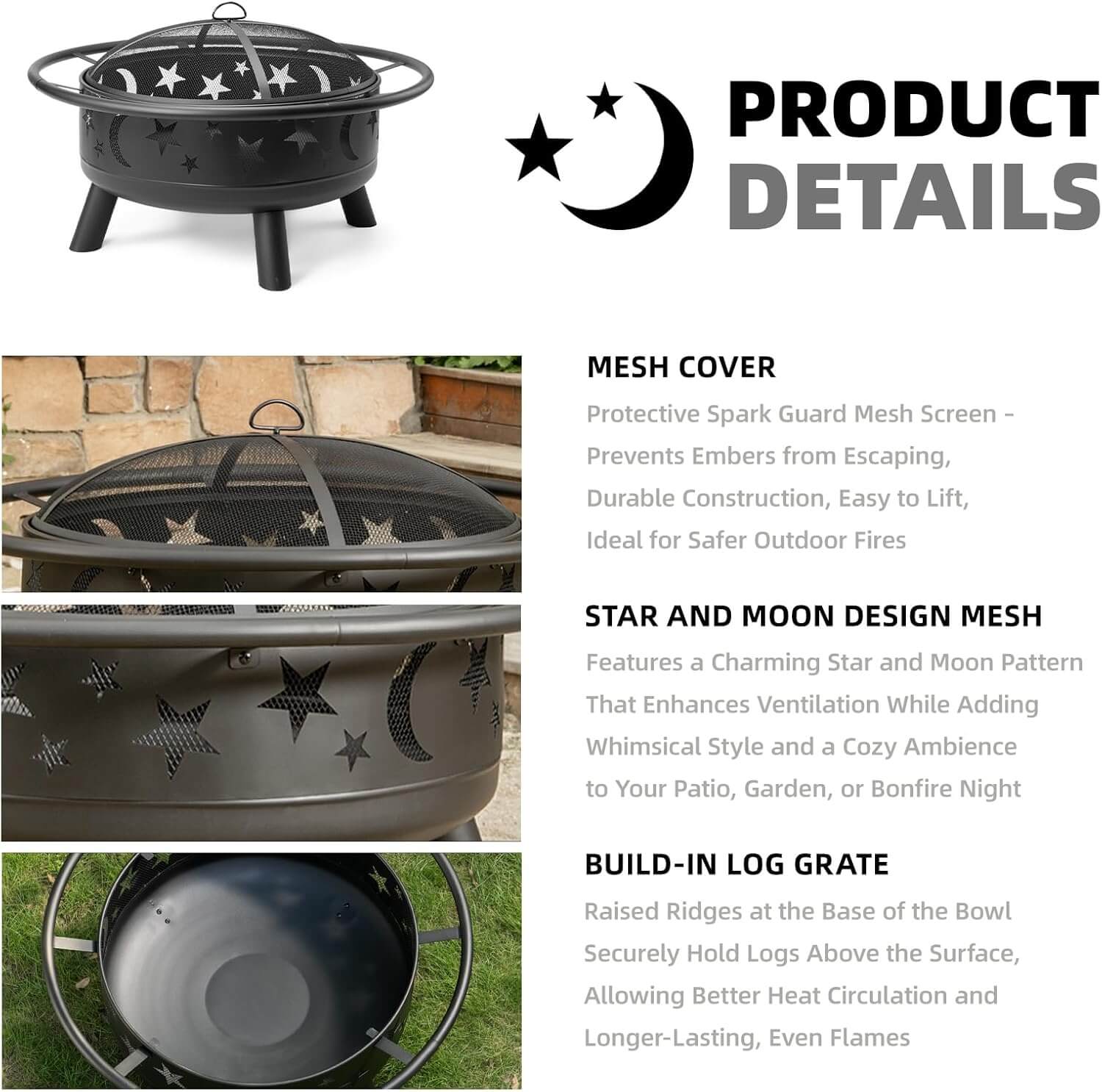 Grovelli Wood Burning Fire Pit, Mesh Cover