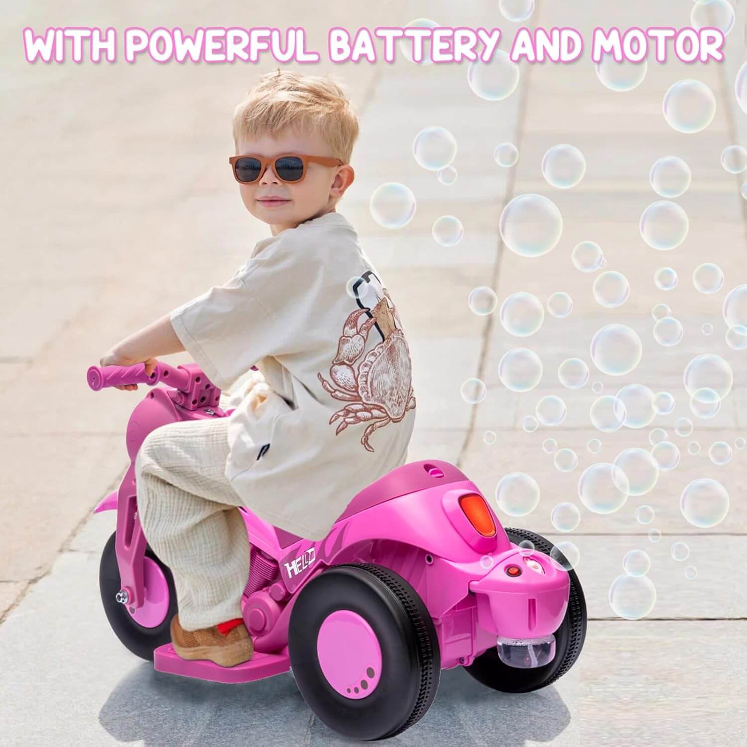 Hetoy Battery Powered Ride-On Electric Motorcycle, Bubble Machine