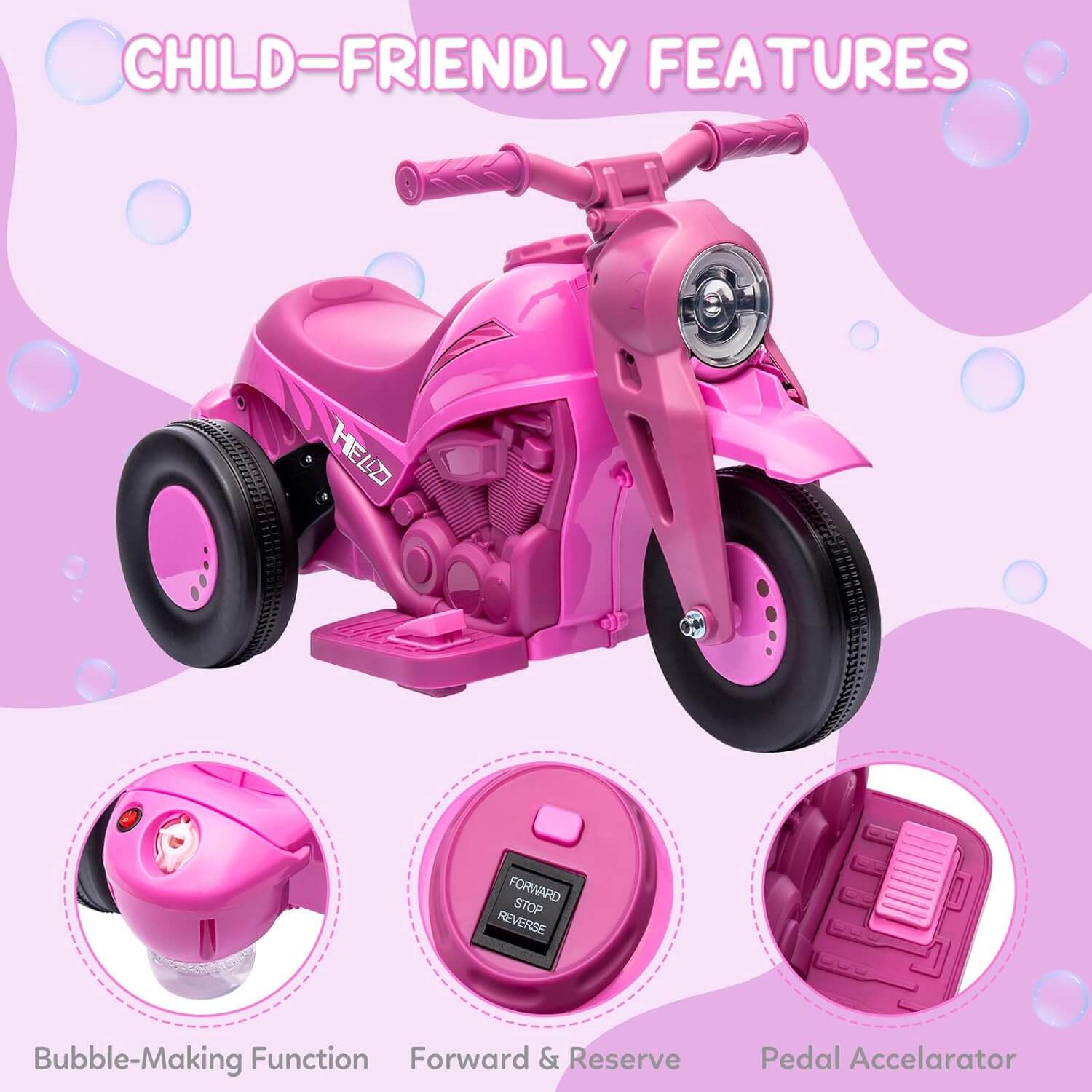 Hetoy Battery Powered Ride-On Electric Motorcycle, Bubble Machine