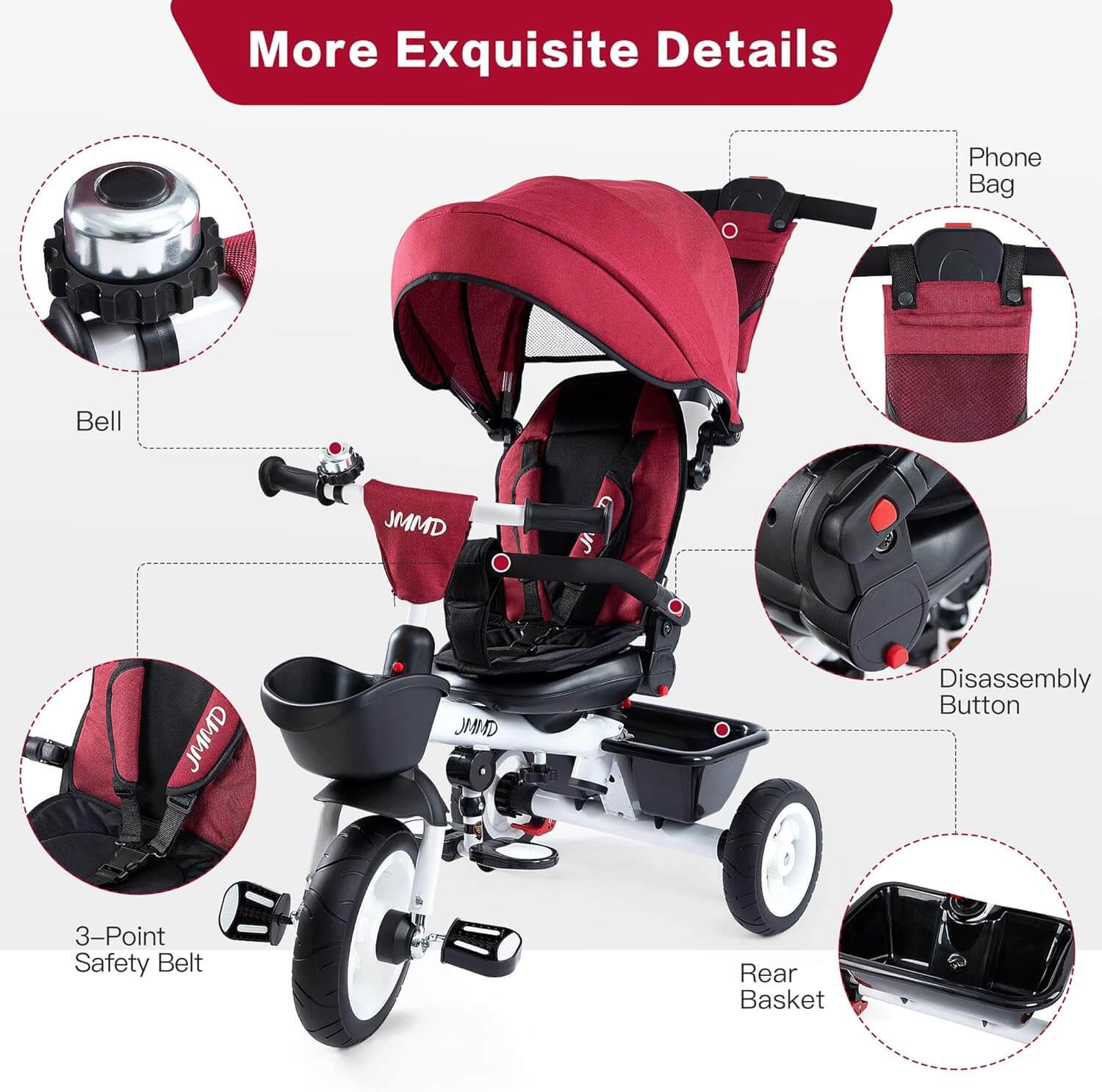 JMMD 6-In-1 Kids' Baby Tricycle, Removable Canopy, Safety Harness