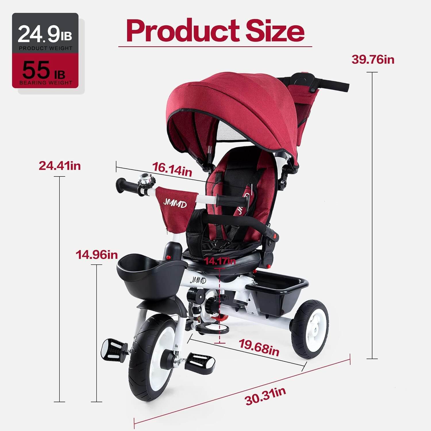 JMMD 6-In-1 Kids' Baby Tricycle, Removable Canopy, Safety Harness