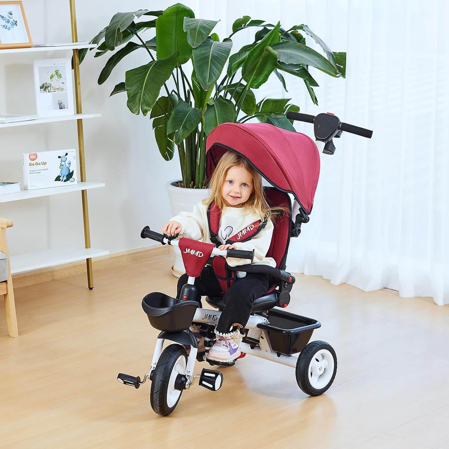 JMMD 6-In-1 Kids' Baby Tricycle, Removable Canopy, Safety Harness