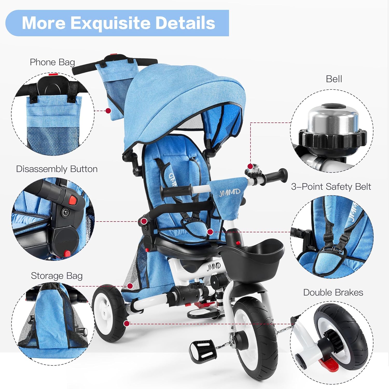 JMMD 7-In-1 FOLDING Kids' Baby Tricycle, Removable Canopy, Safety Harness