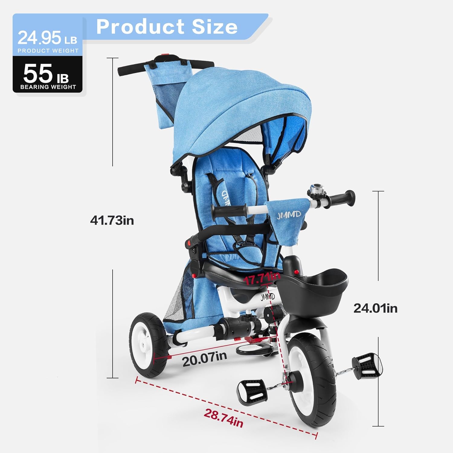 JMMD 7-In-1 FOLDING Kids' Baby Tricycle, Removable Canopy, Safety Harness