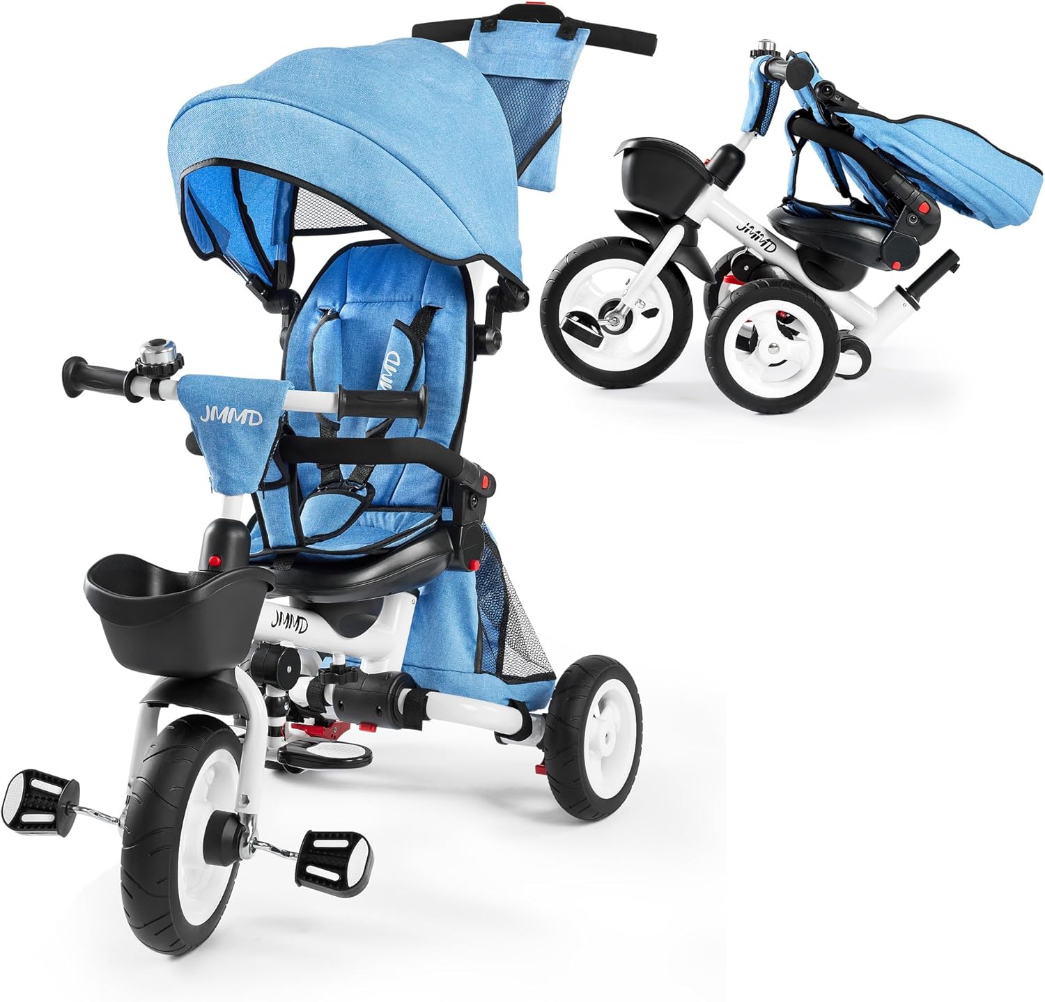 JMMD 7-In-1 FOLDING Kids' Baby Tricycle, Removable Canopy, Safety Harness