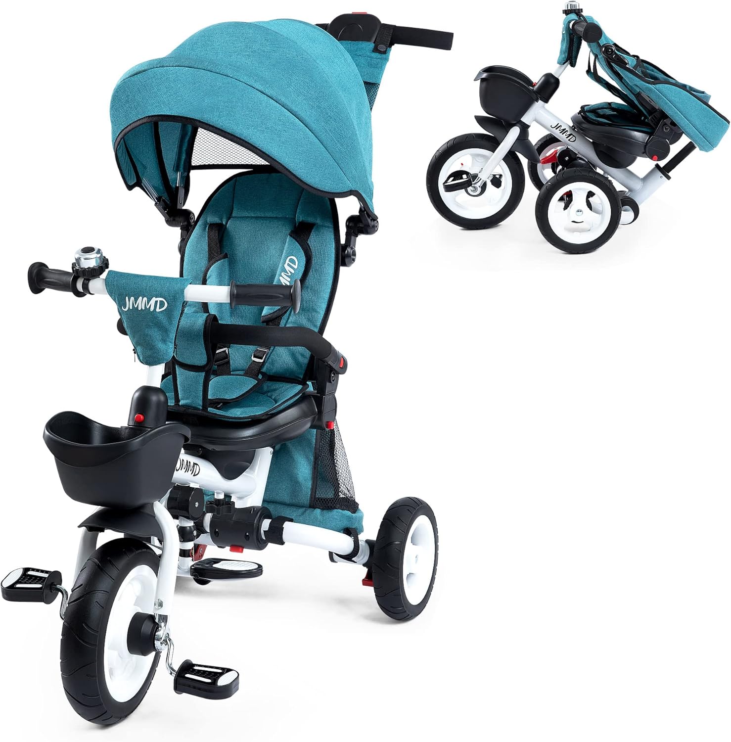 JMMD 7-In-1 FOLDING Kids' Baby Tricycle, Removable Canopy, Safety Harness