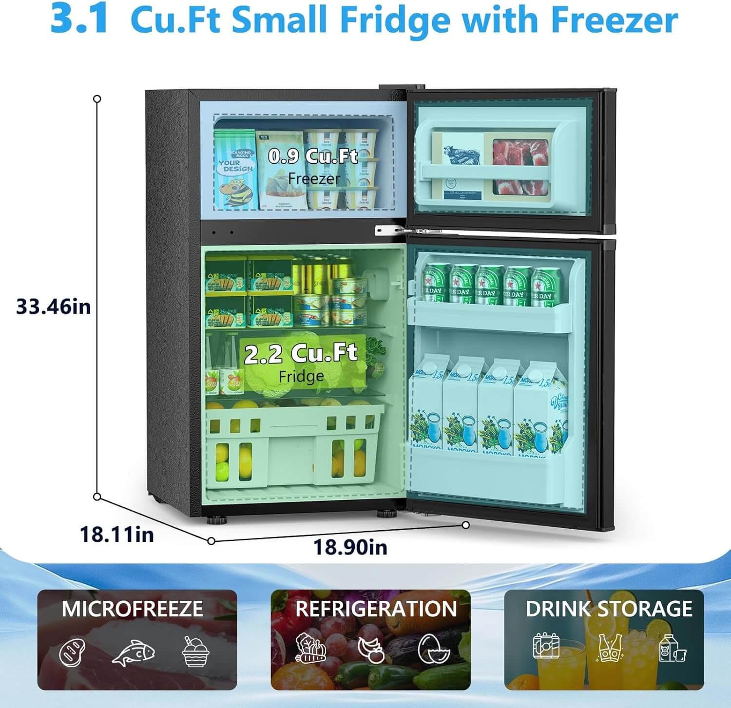 Joy Pebble 3.1 Cu. Ft Compact Small Fridge with Freezer