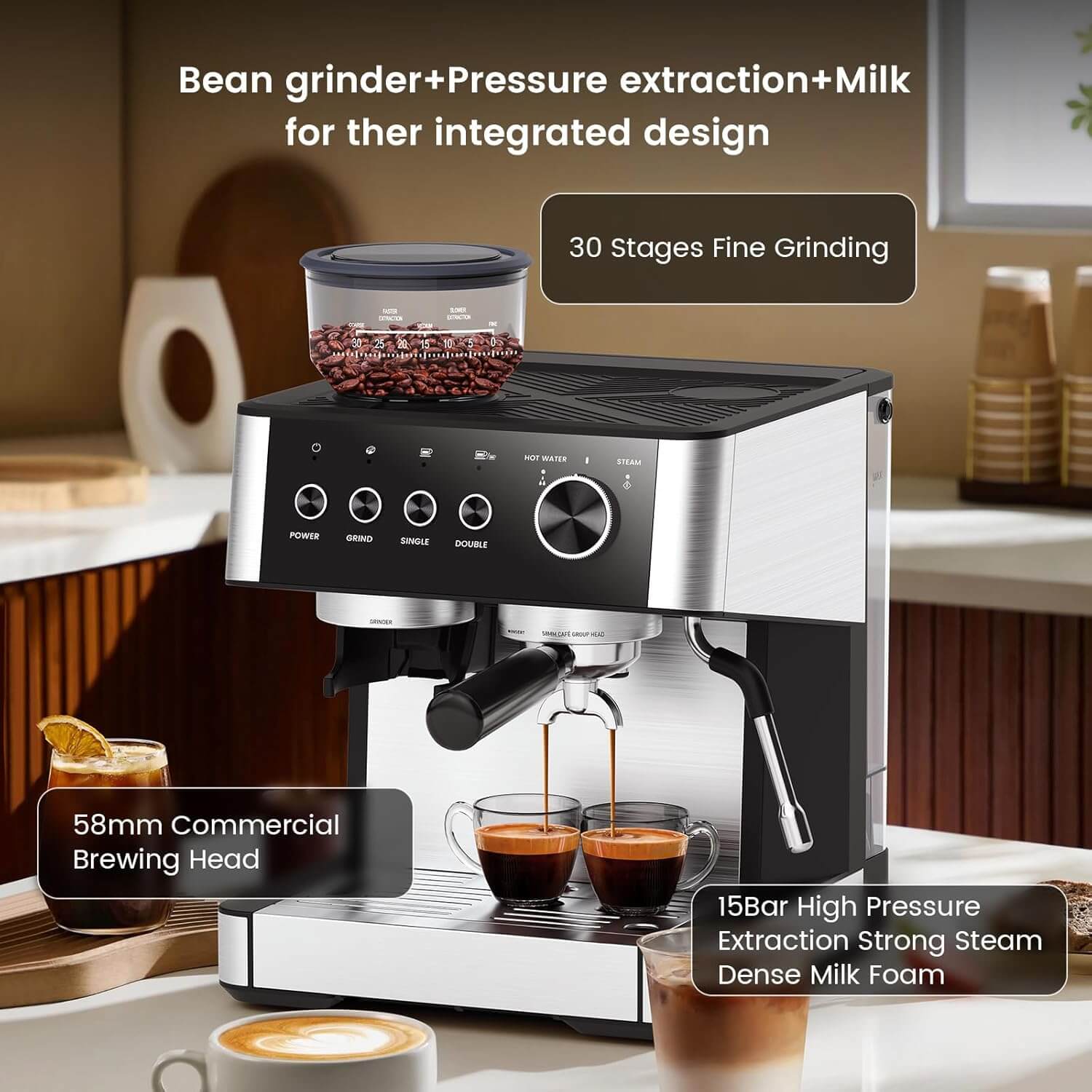 Joy Pebble CM8031 15 Bar Espresso Machine, Grinder & Milk Frother