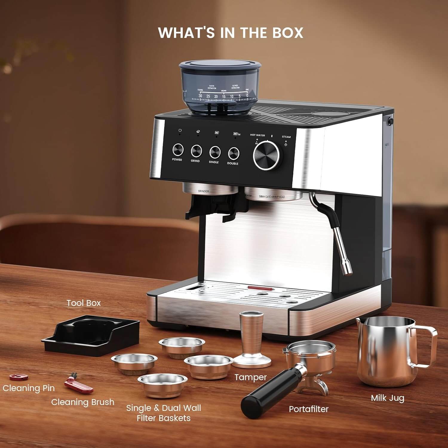 Joy Pebble CM8031 15 Bar Espresso Machine, Grinder & Milk Frother