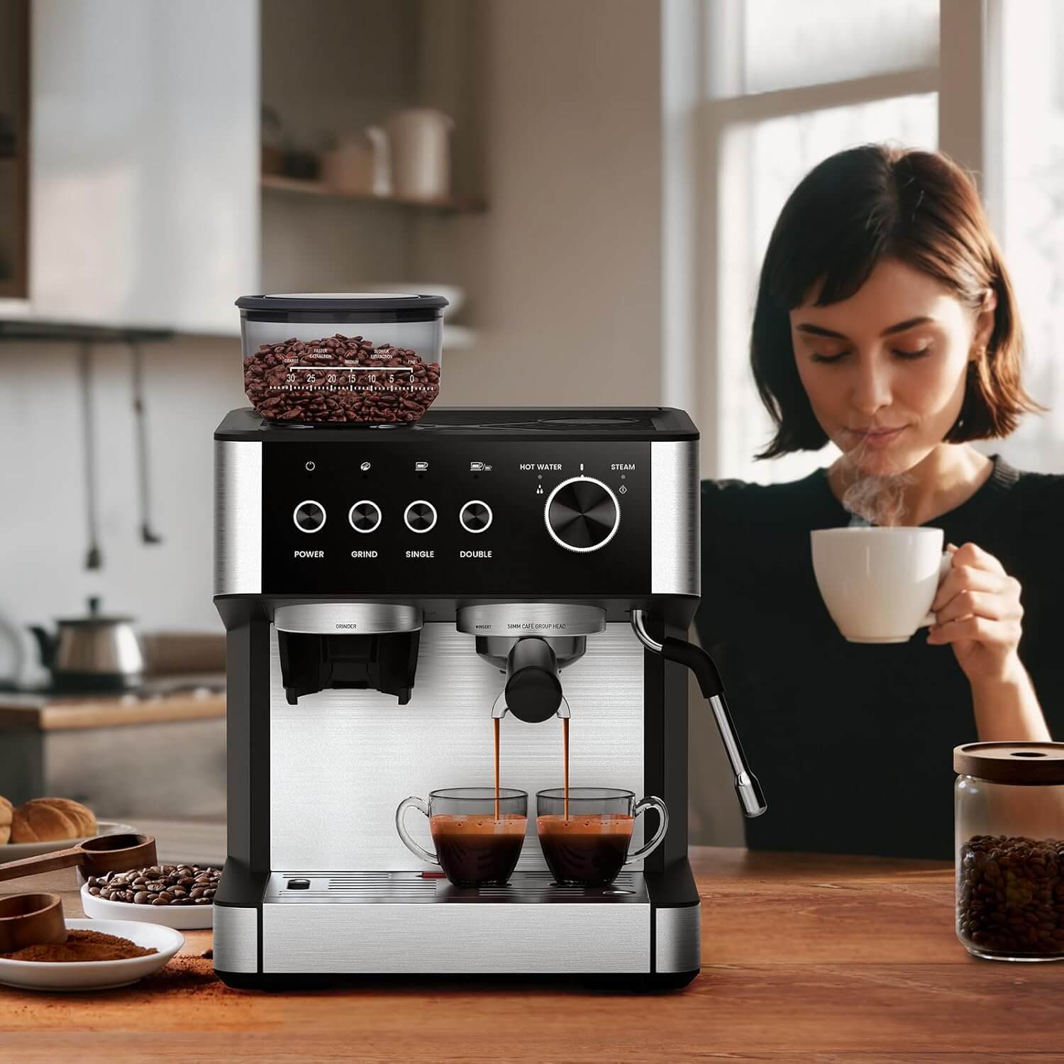 Joy Pebble CM8031 15 Bar Espresso Machine, Grinder & Milk Frother