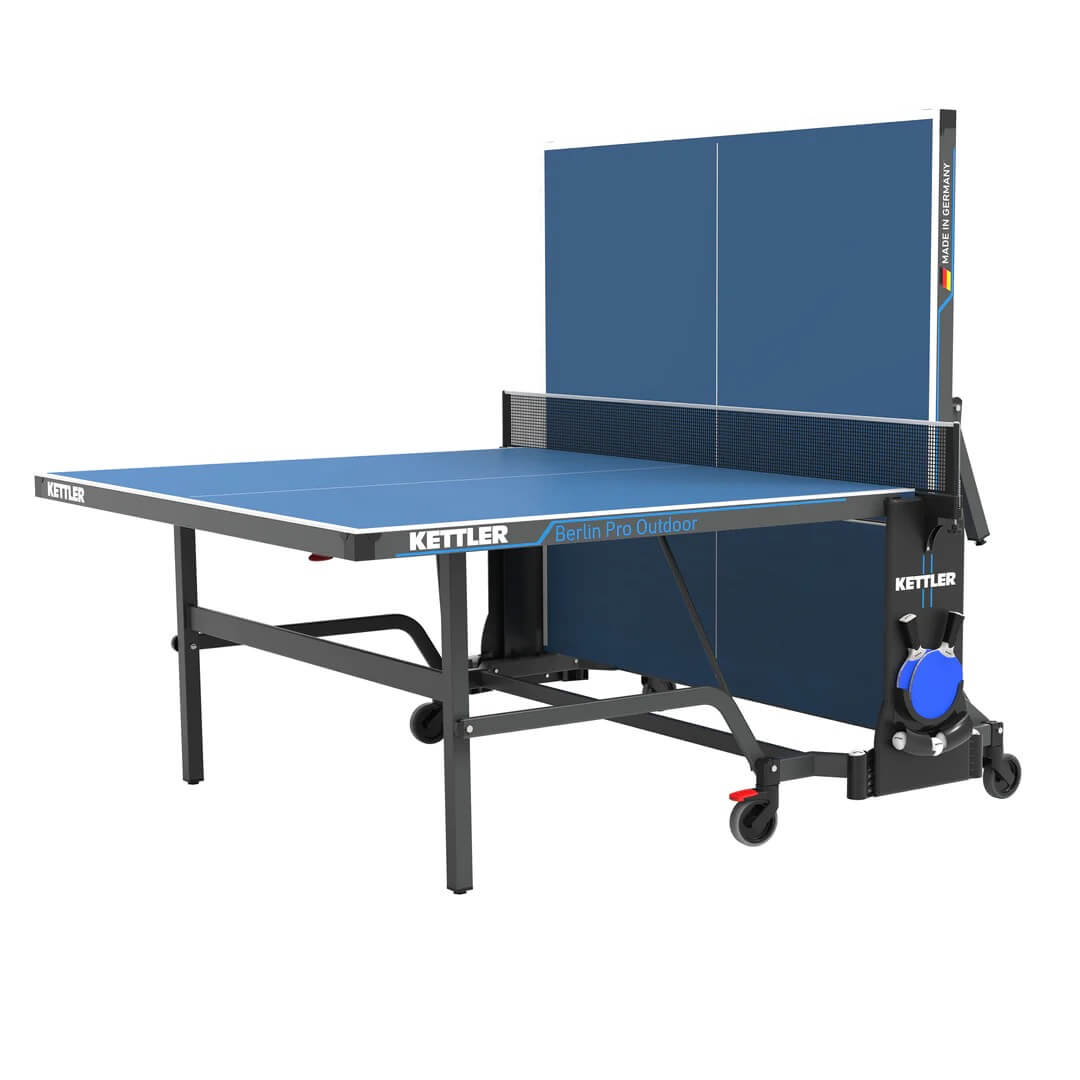 Kettler USA BERLIN PRO OUTDOOR Folding Weatherproof TT Table Tennis Table, 4-Player Bundle