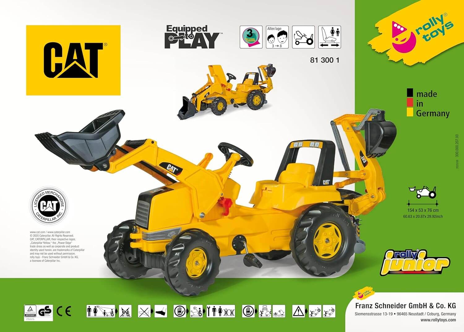 Kettler USA Rolly CAT Caterpillar Front Loader W/Backhoe Ride-On Toy, 813001