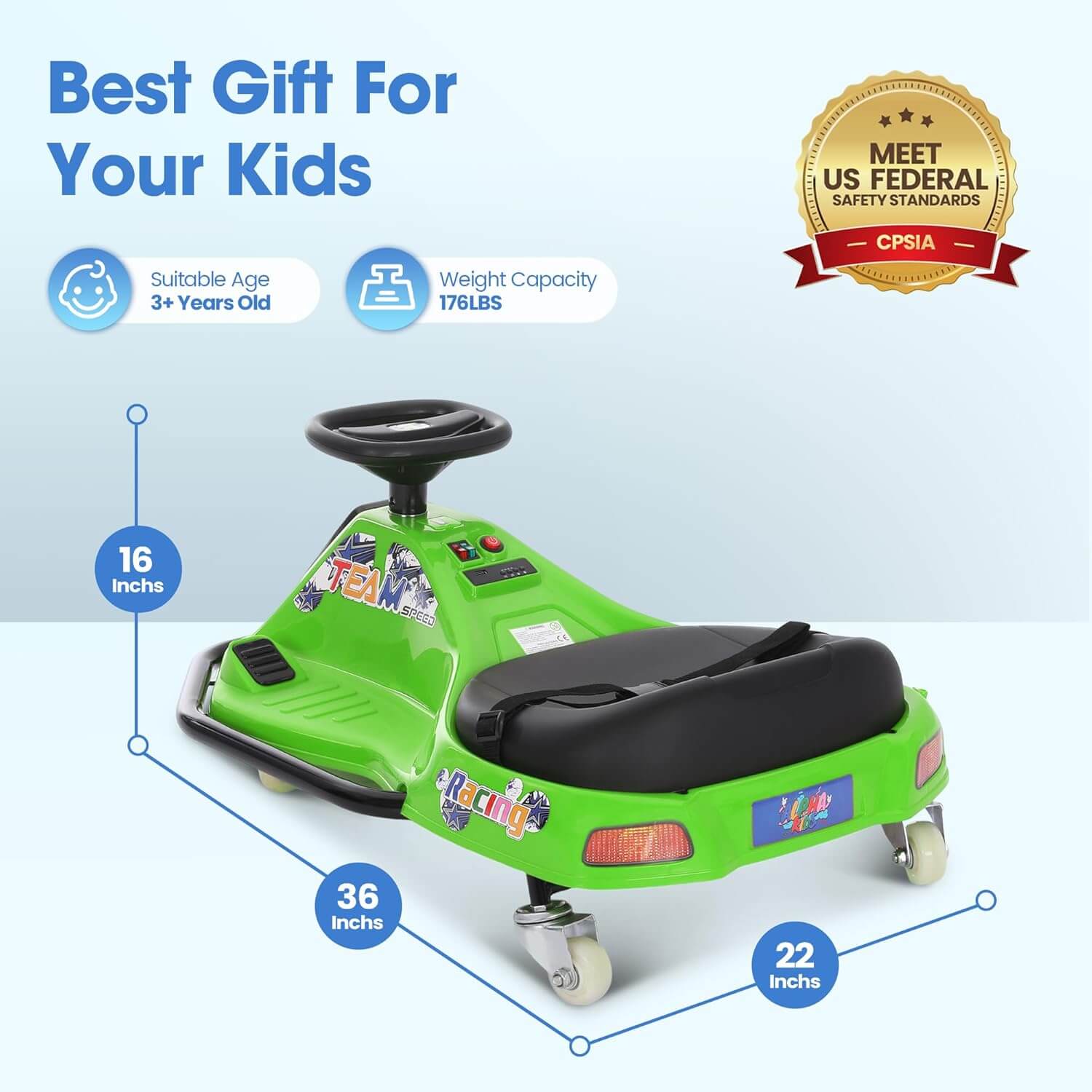 Kiddokidz Ride-On Kids' Electric Drifting Go-Kart Racer Car, Glowing Wheels