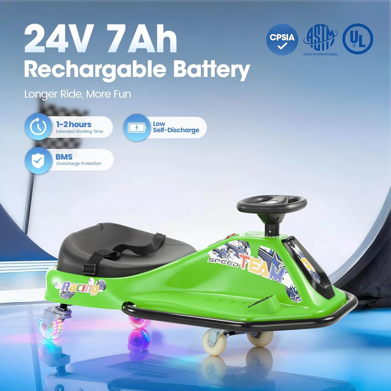 Kiddokidz Ride-On Kids' Electric Drifting Go-Kart Racer Car, Glowing Wheels