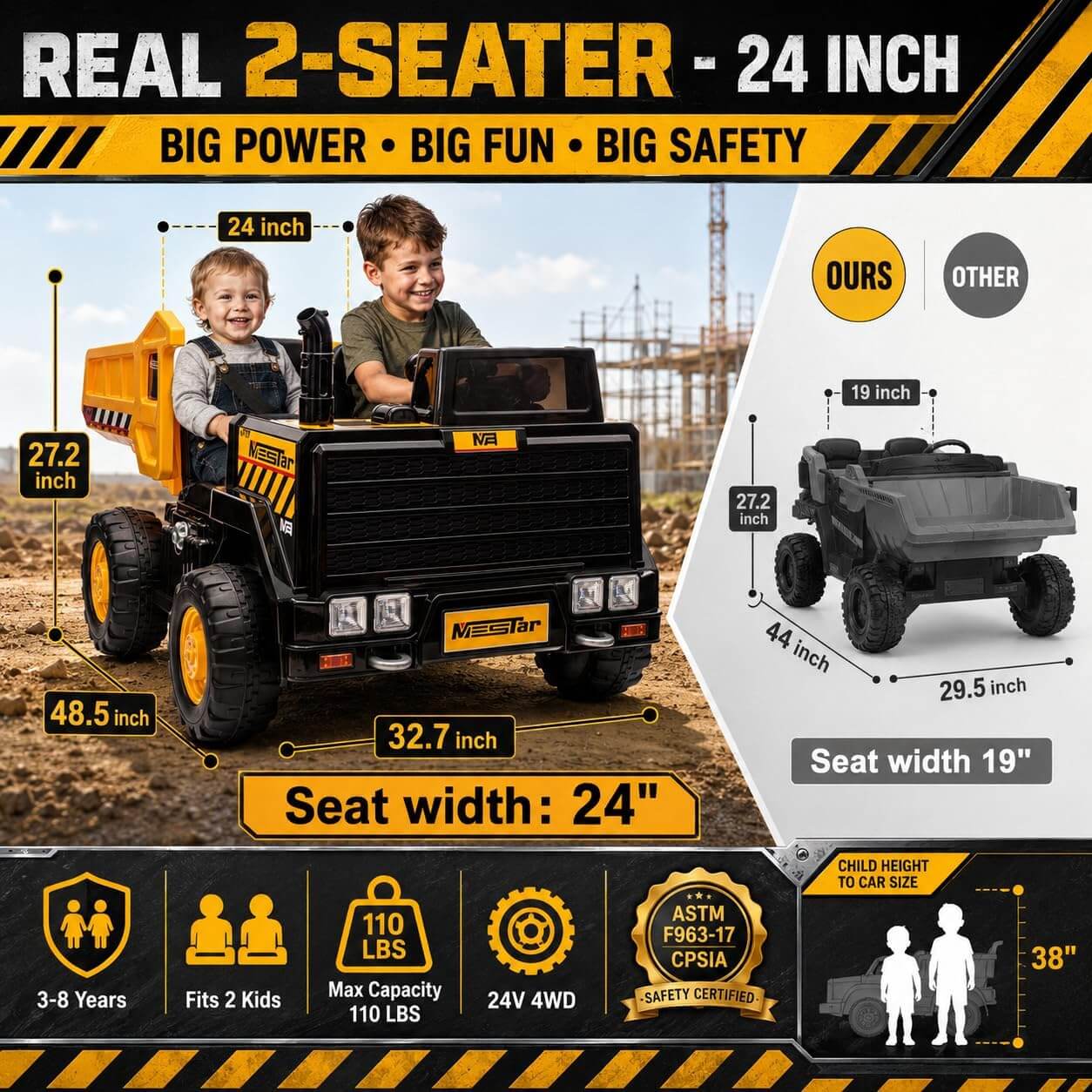 Kidsera 24V 2 Seater Kids' Dump Truck Electric Ride-On Toy