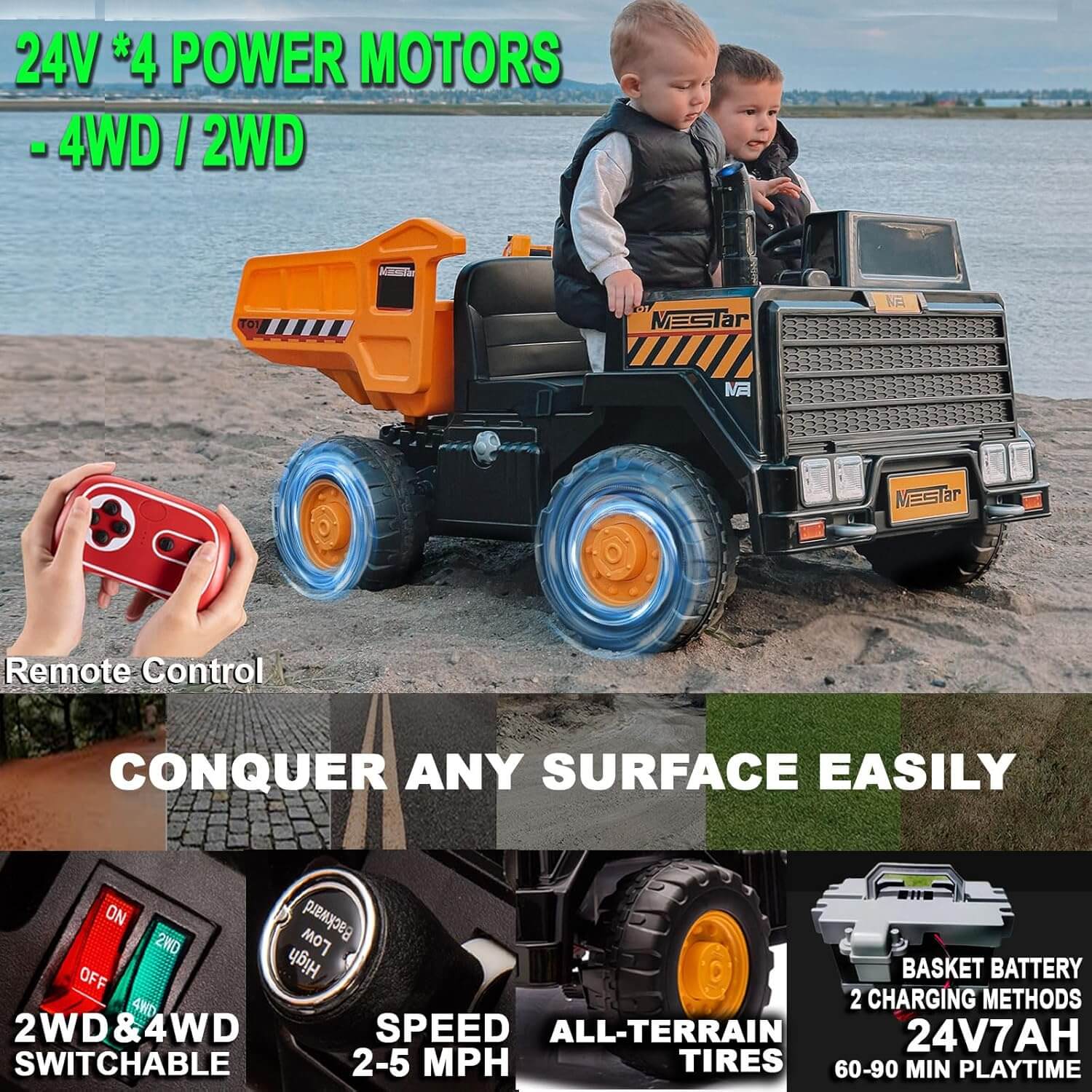 Kidsera 24V 2 Seater Kids' Dump Truck Electric Ride-On Toy