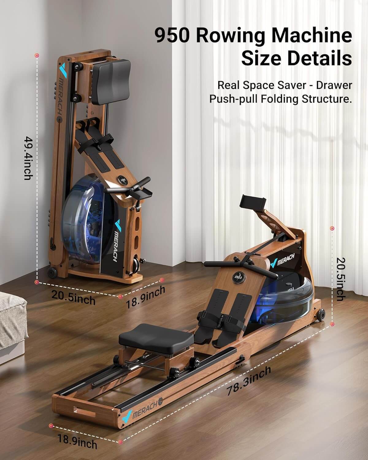 MERACH MR-950 Water Electromagnetic Foldable Wooden Rowing Machine