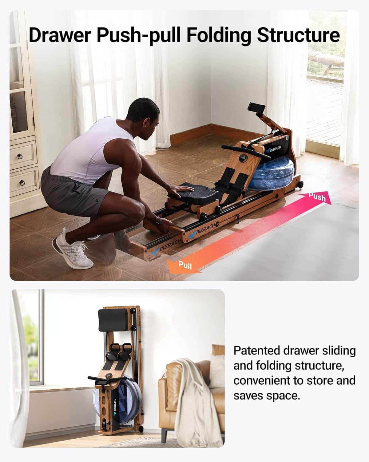 MERACH MR-950 Water Electromagnetic Foldable Wooden Rowing Machine