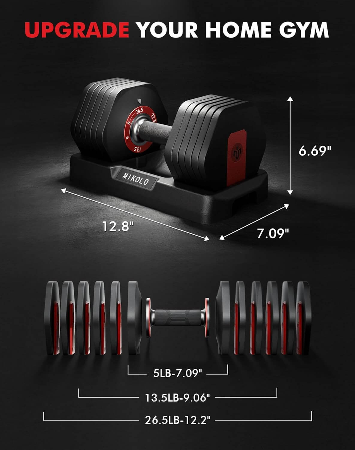 Mikolo 6-In-1 Hex Cageless Adjustable Dumbbell Set of 2