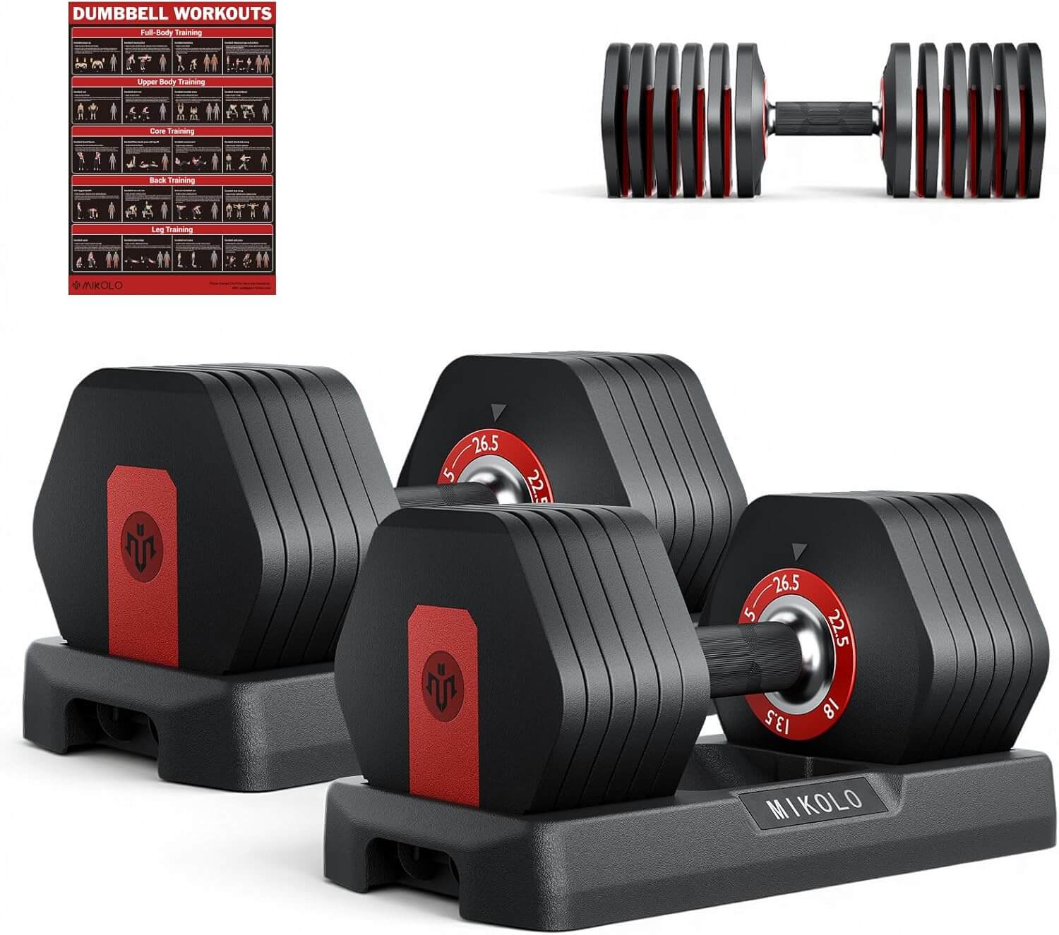 Mikolo 6-In-1 Hex Cageless Adjustable Dumbbell Set of 2