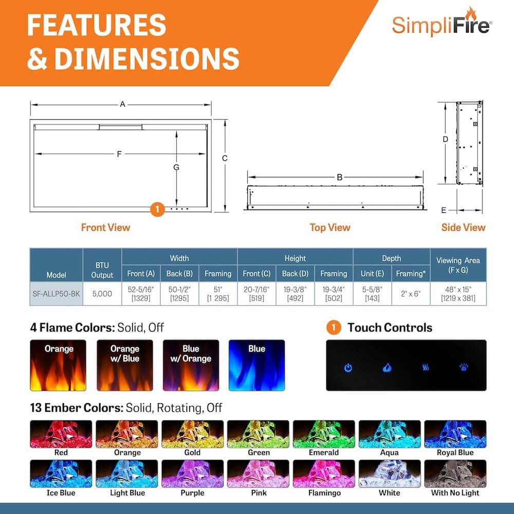 Monessen Allusion Simplifire PLATINUM SF-ALLP50-BK 50" Recessed Linear Electric Fireplace
