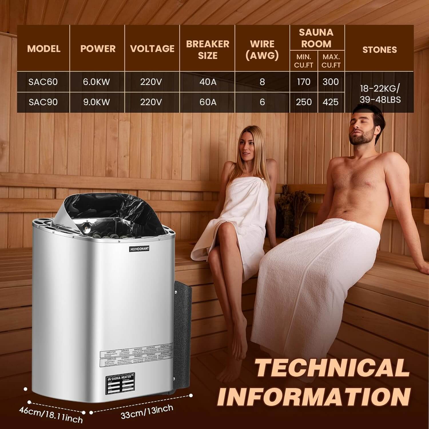Mxmoonant 18"x13"x21" 220V Electric Sauna Heater