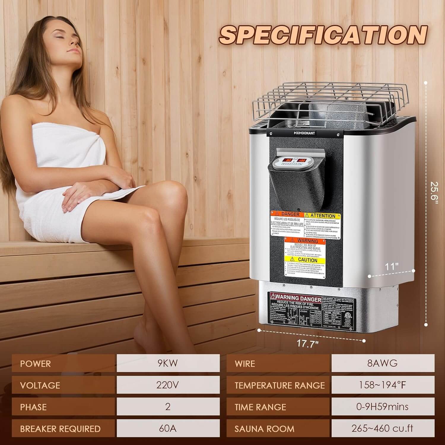 Mxmoonant 9kW Built-In Digital Control 18"x13"x21" 220V Electric Sauna Heater