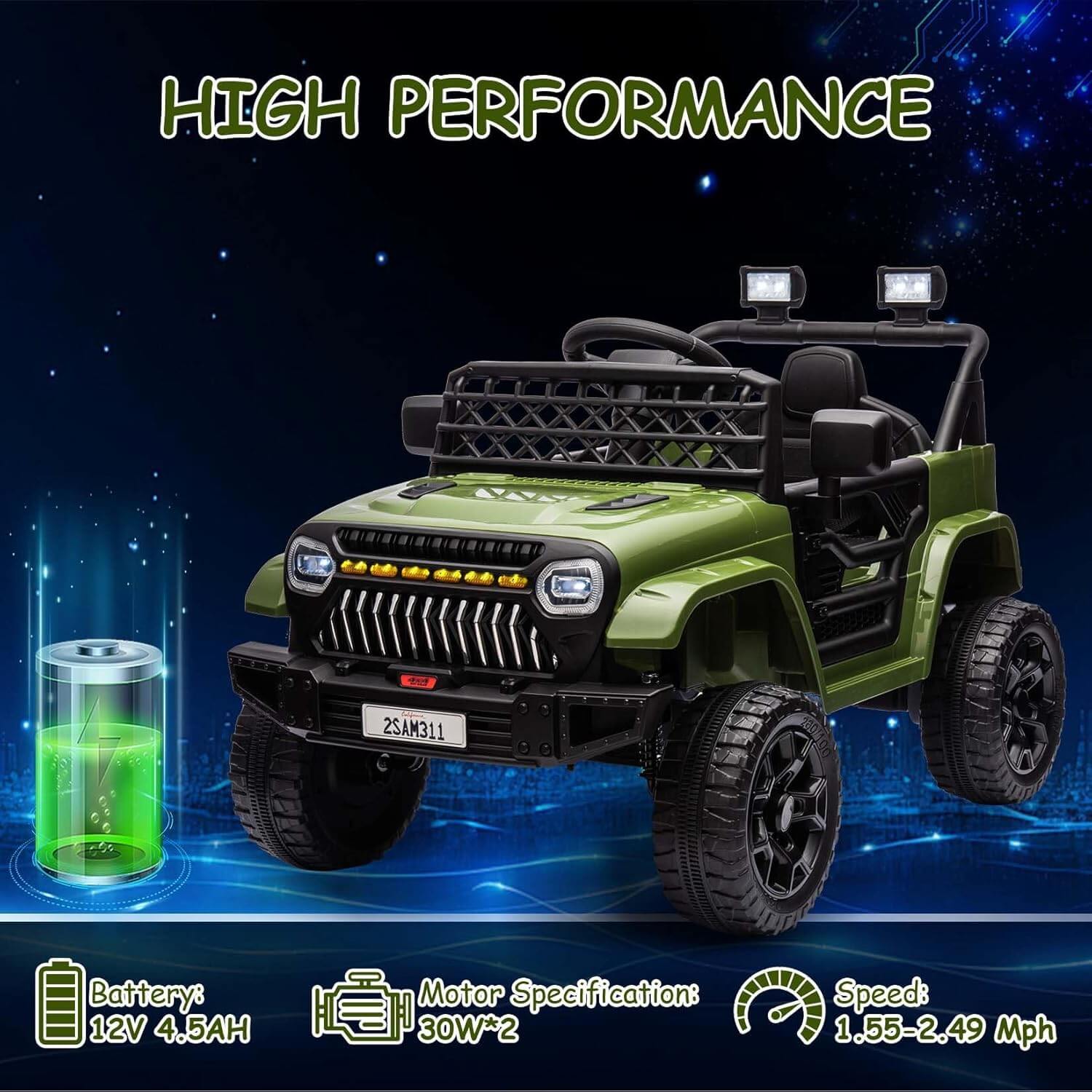 Nasitip 12V Kids' Electric Ride-On Truck, LED Lights, Remote Control