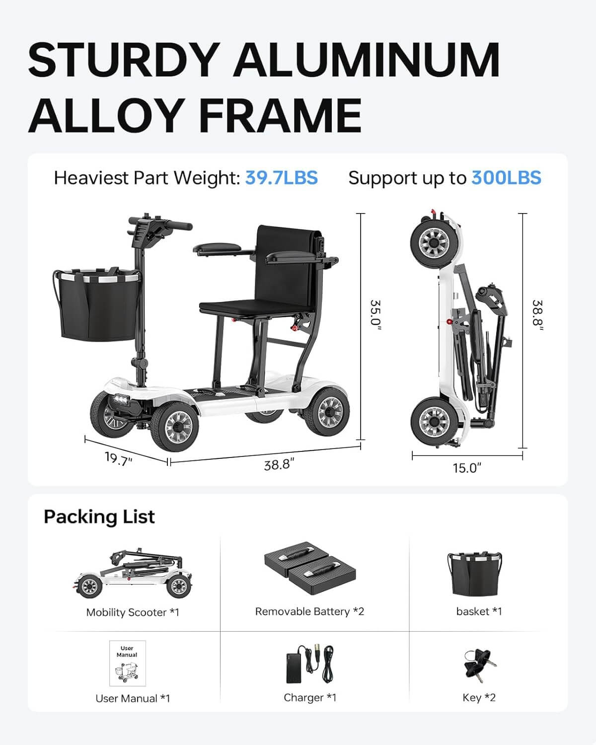 PAISEEC D3 Lightweight Foldable Electric Mobility Scooter, Airline Approved