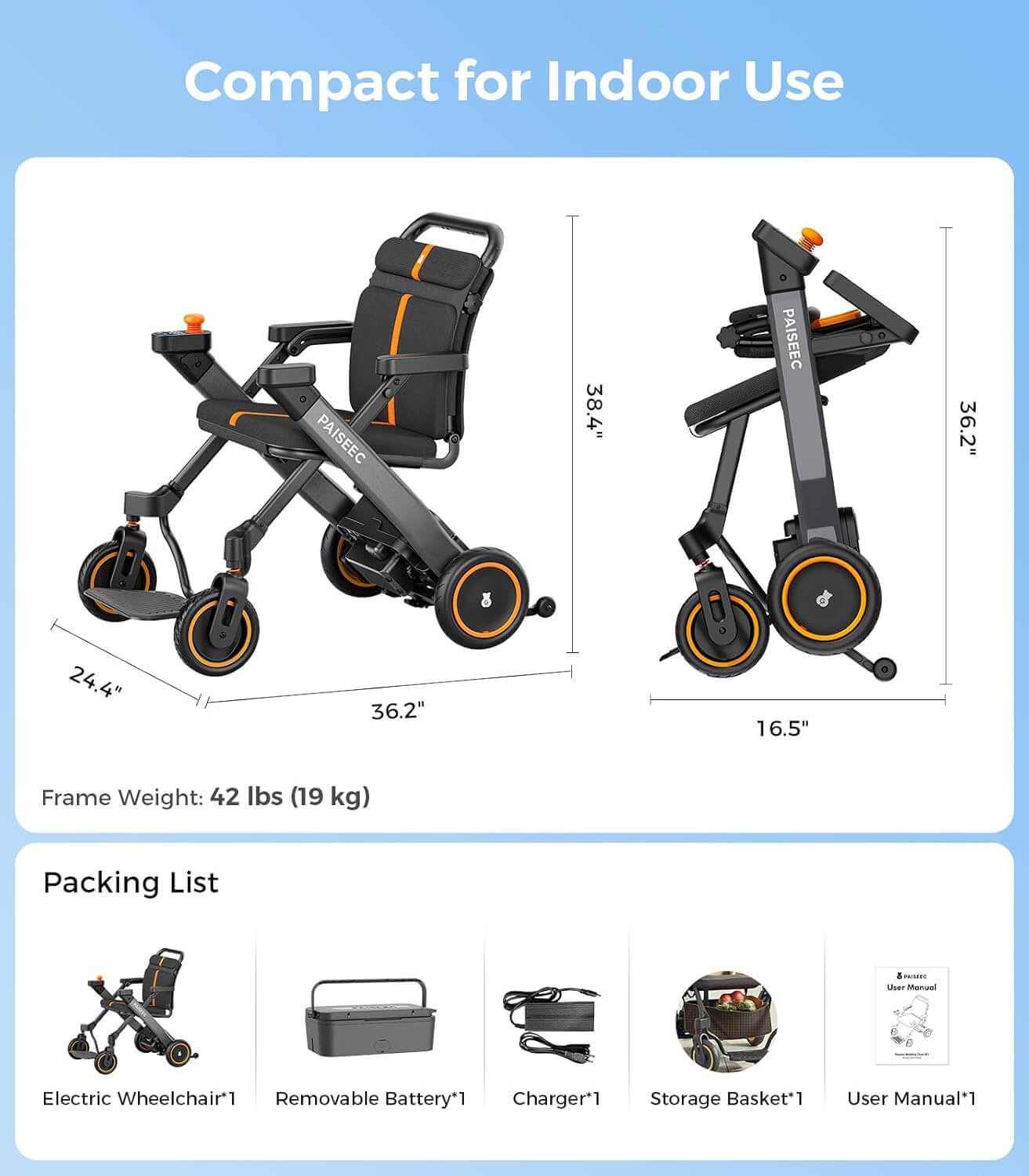 PAISEEC W1 Folding Electric Power Wheelchair Rollator Walker Combo