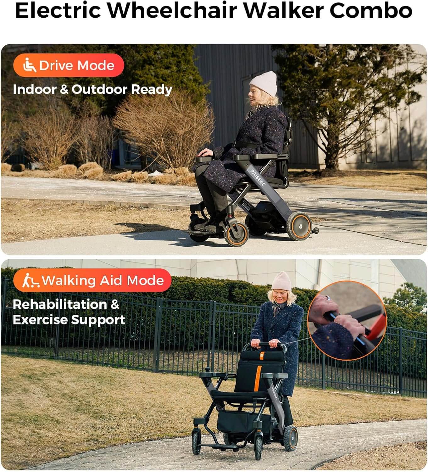 PAISEEC W1 Folding Electric Power Wheelchair Rollator Walker Combo