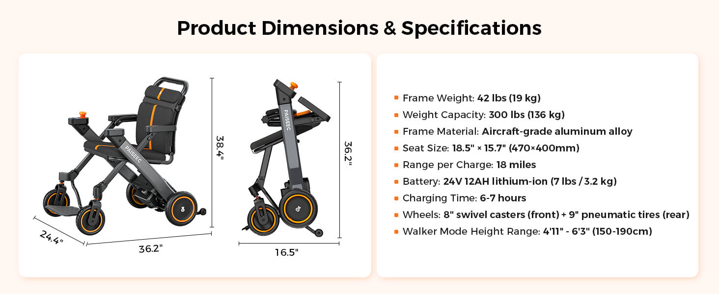 PAISEEC W1 Folding Electric Power Wheelchair Rollator Walker Combo