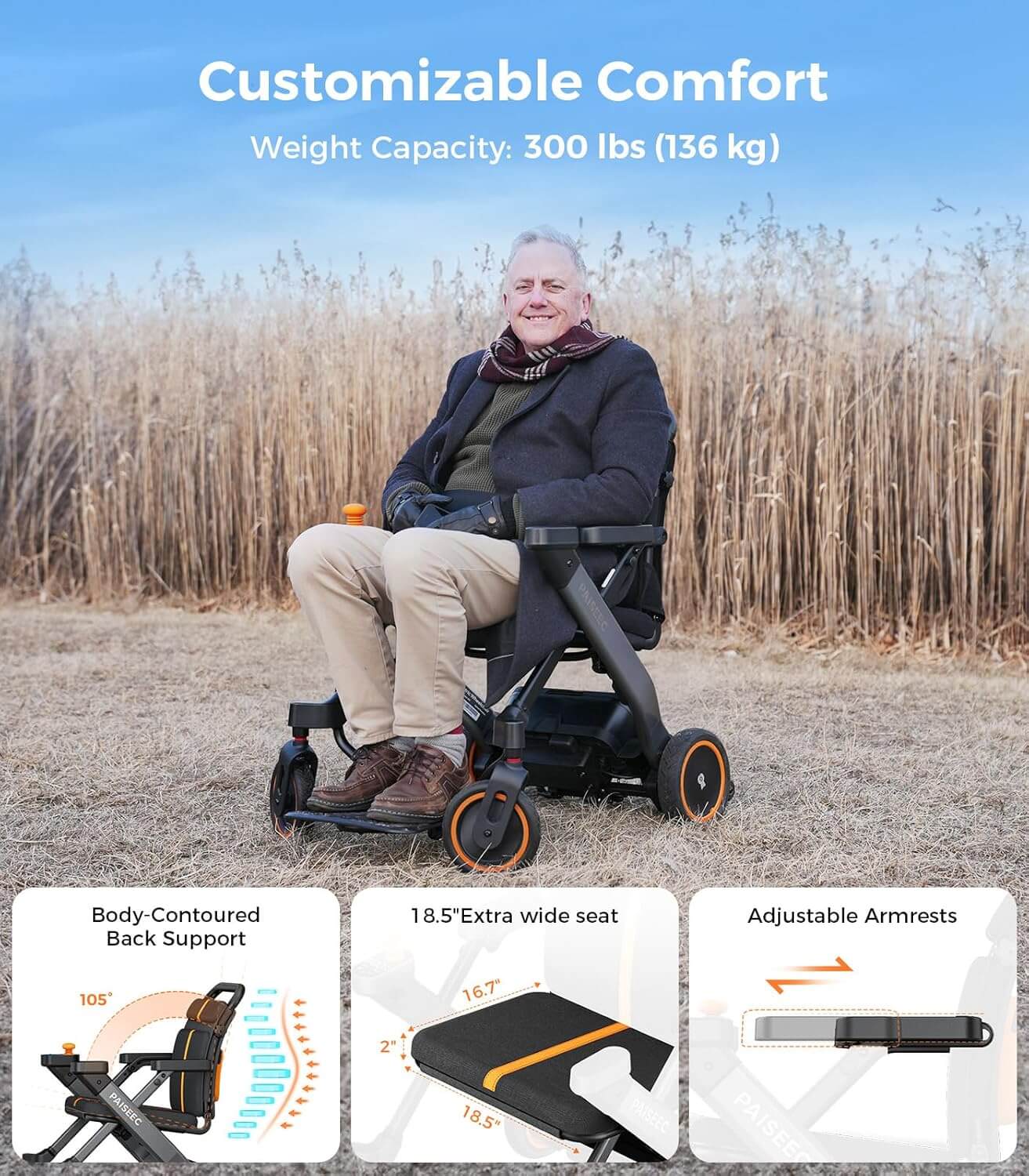 PAISEEC W1 Folding Electric Power Wheelchair Rollator Walker Combo