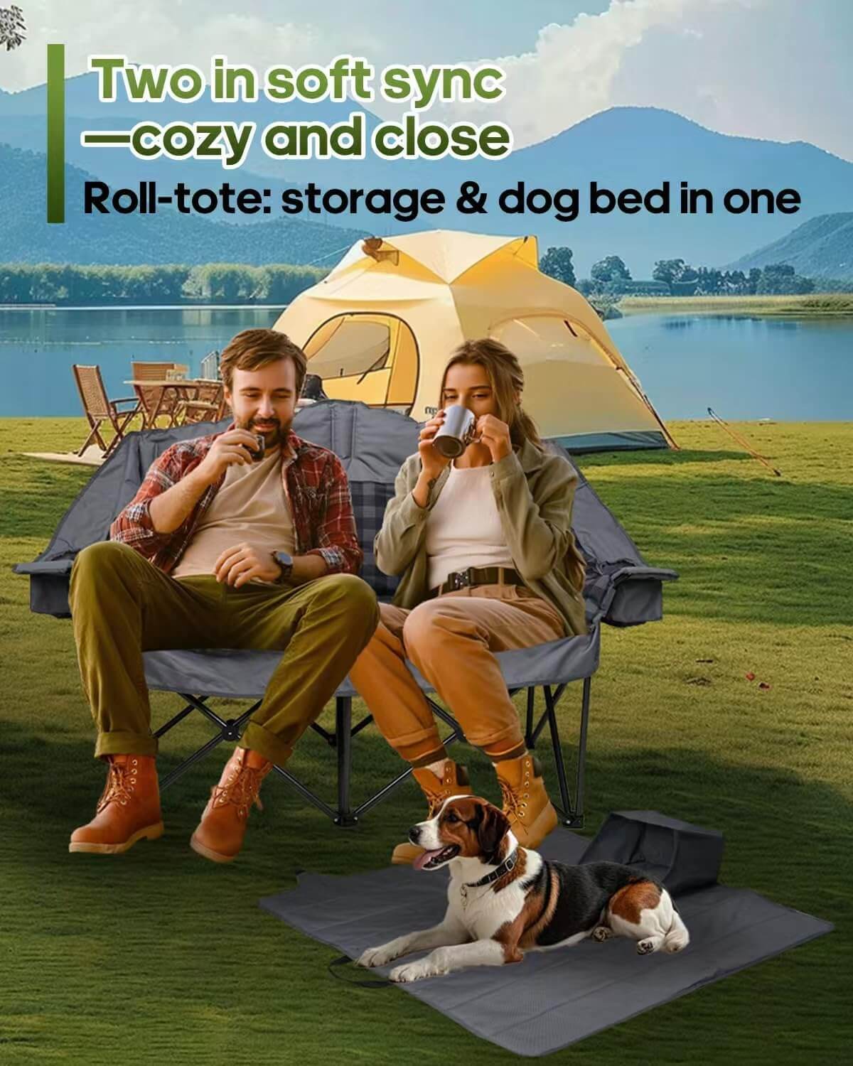 Pcuauld Oversized 2-Person Padded Loveseat Camping Couch with Cup Holders