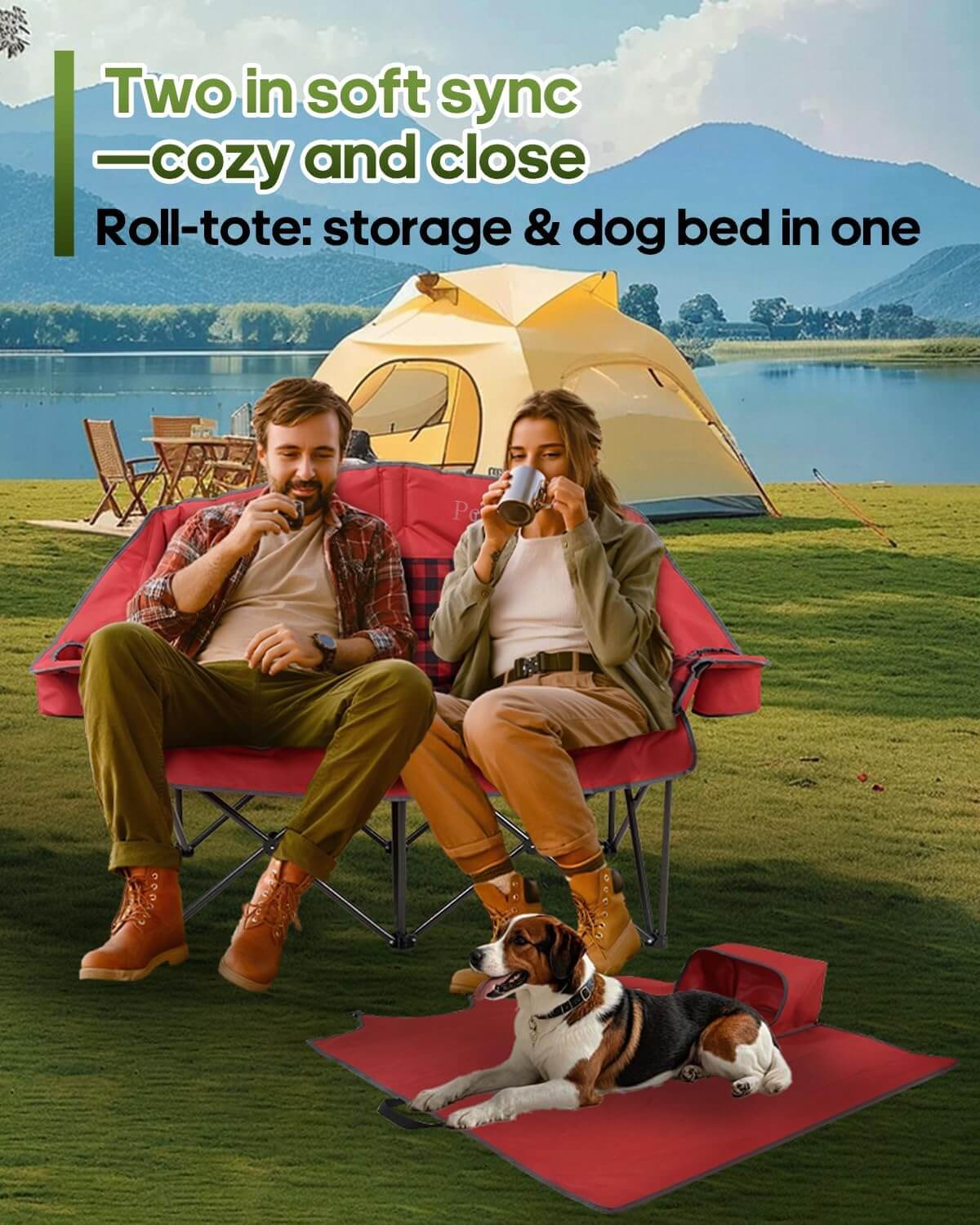 Pcuauld Oversized 2-Person Padded Loveseat Camping Couch with Cup Holders