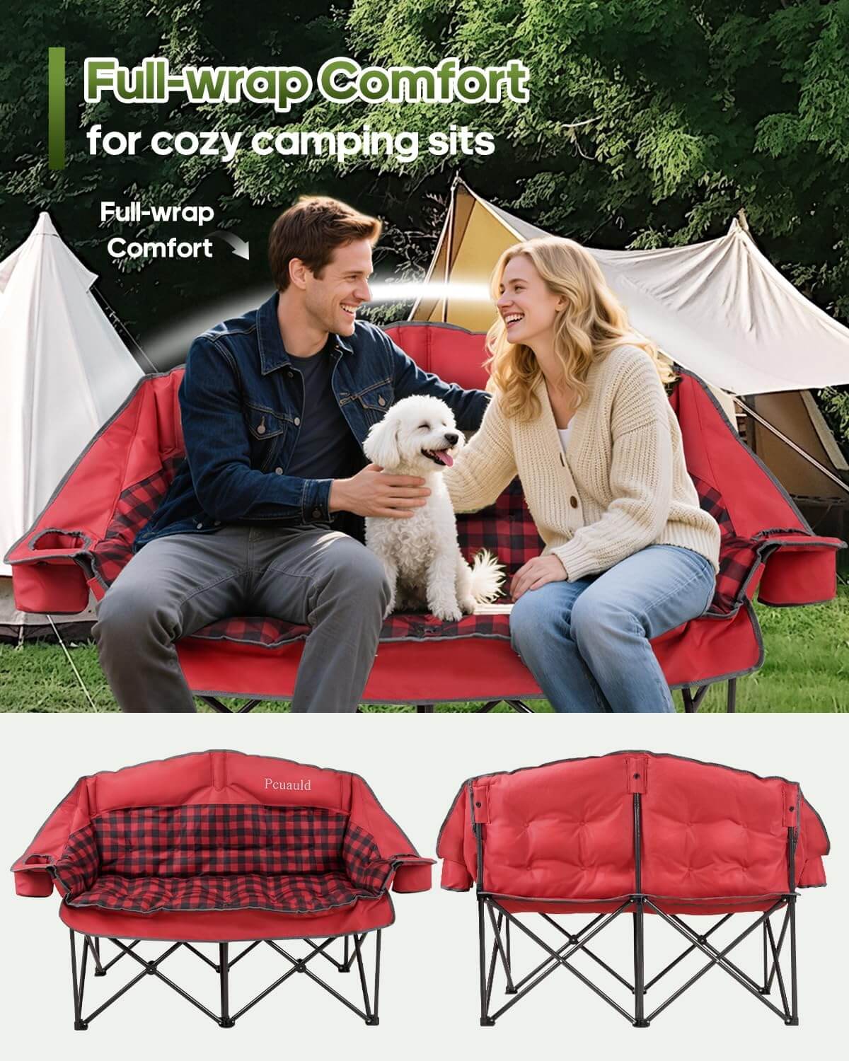 Pcuauld Oversized 2-Person Padded Loveseat Camping Couch with Cup Holders