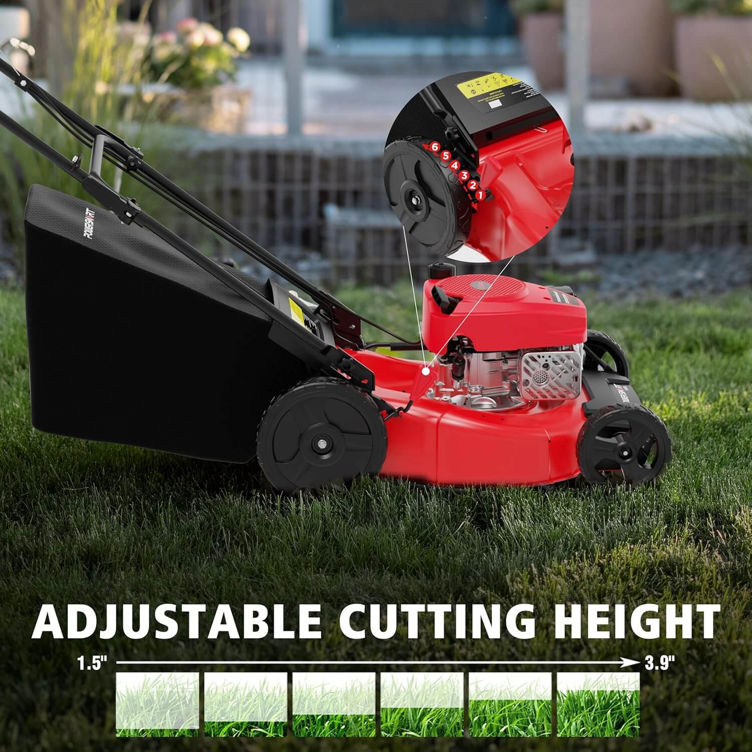 Powersmart 21" 144cc Gas Push Lawn Mower, High Wheels