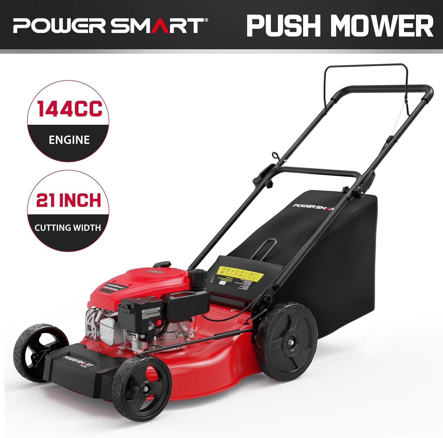 Powersmart 21" 144cc Gas Push Lawn Mower, High Wheels