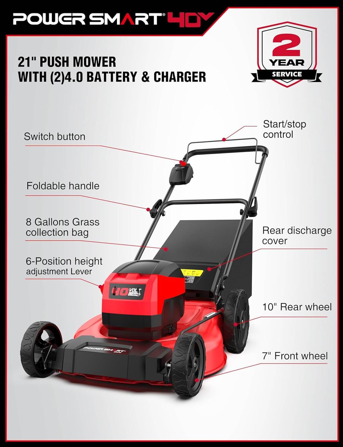 Powersmart 21" 40V Cordless Push Electric Lawn Mower