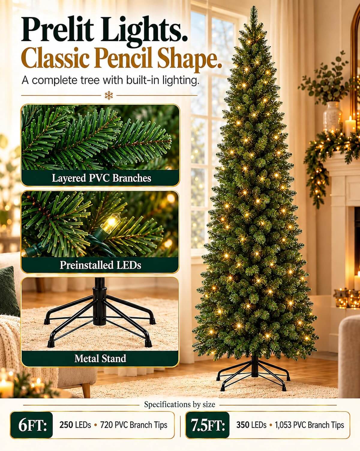 Probro Smart Pre-Lit Pencil Christmas Tree