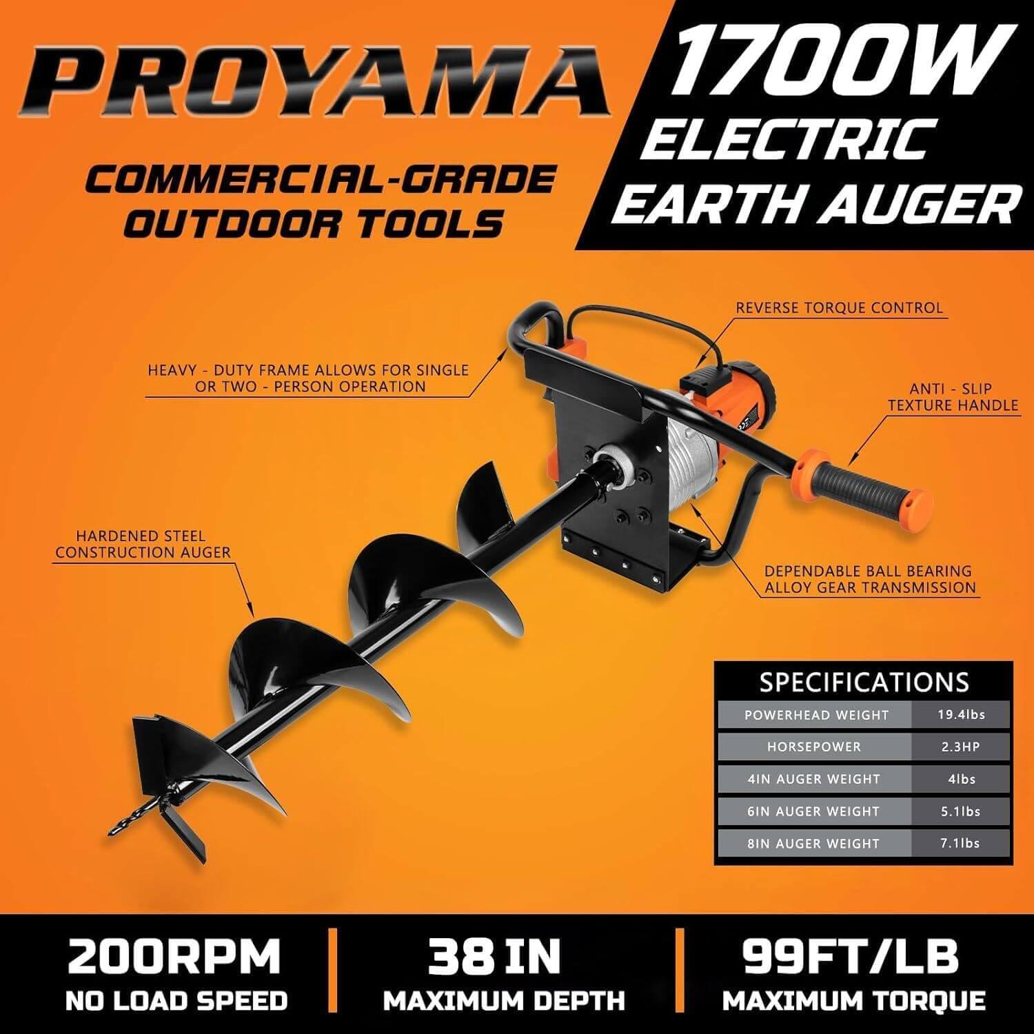 Proyama 1700W Corded Electric Post Hole Digger Earth Auger