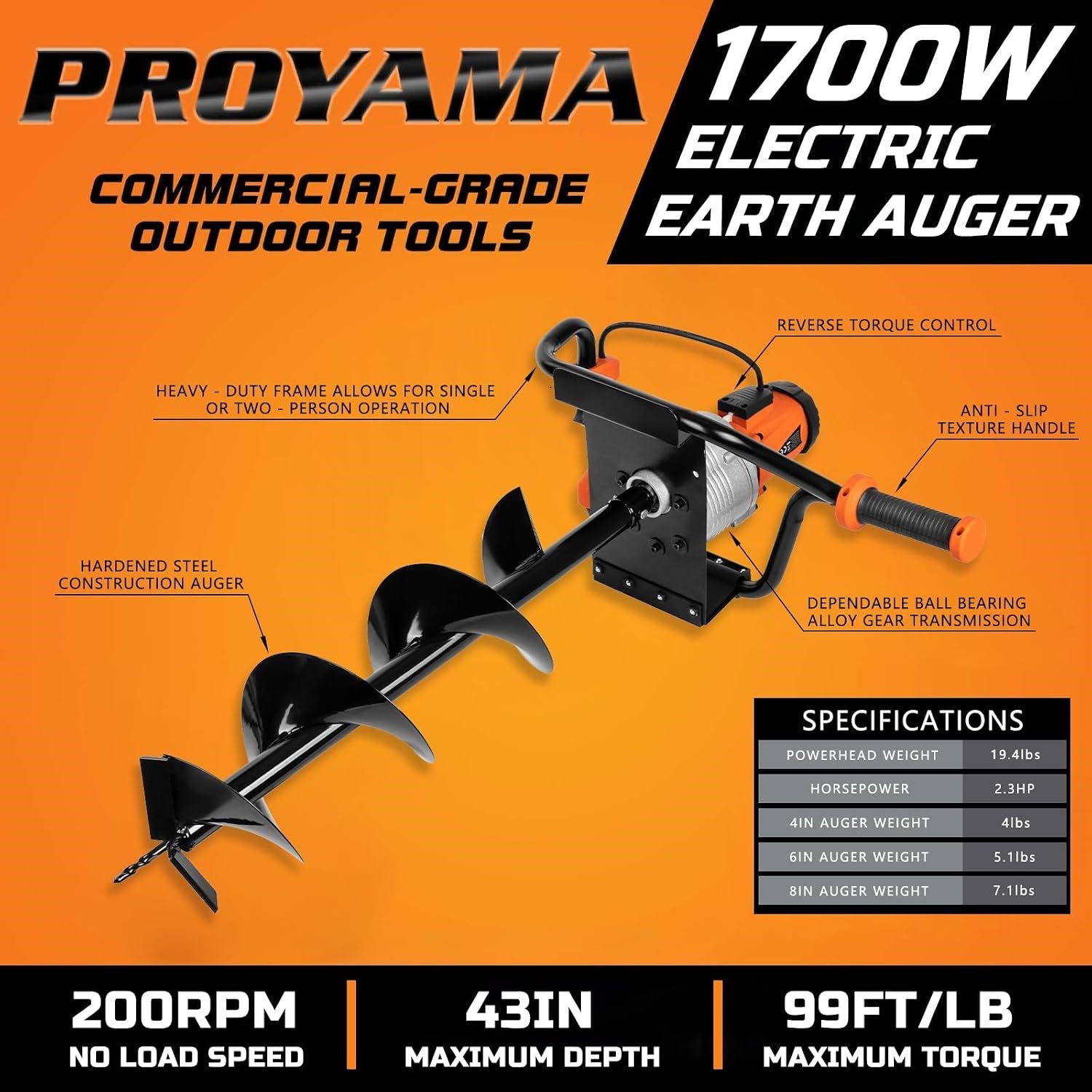 Proyama 1700W Corded Electric Post Hole Digger Earth Auger