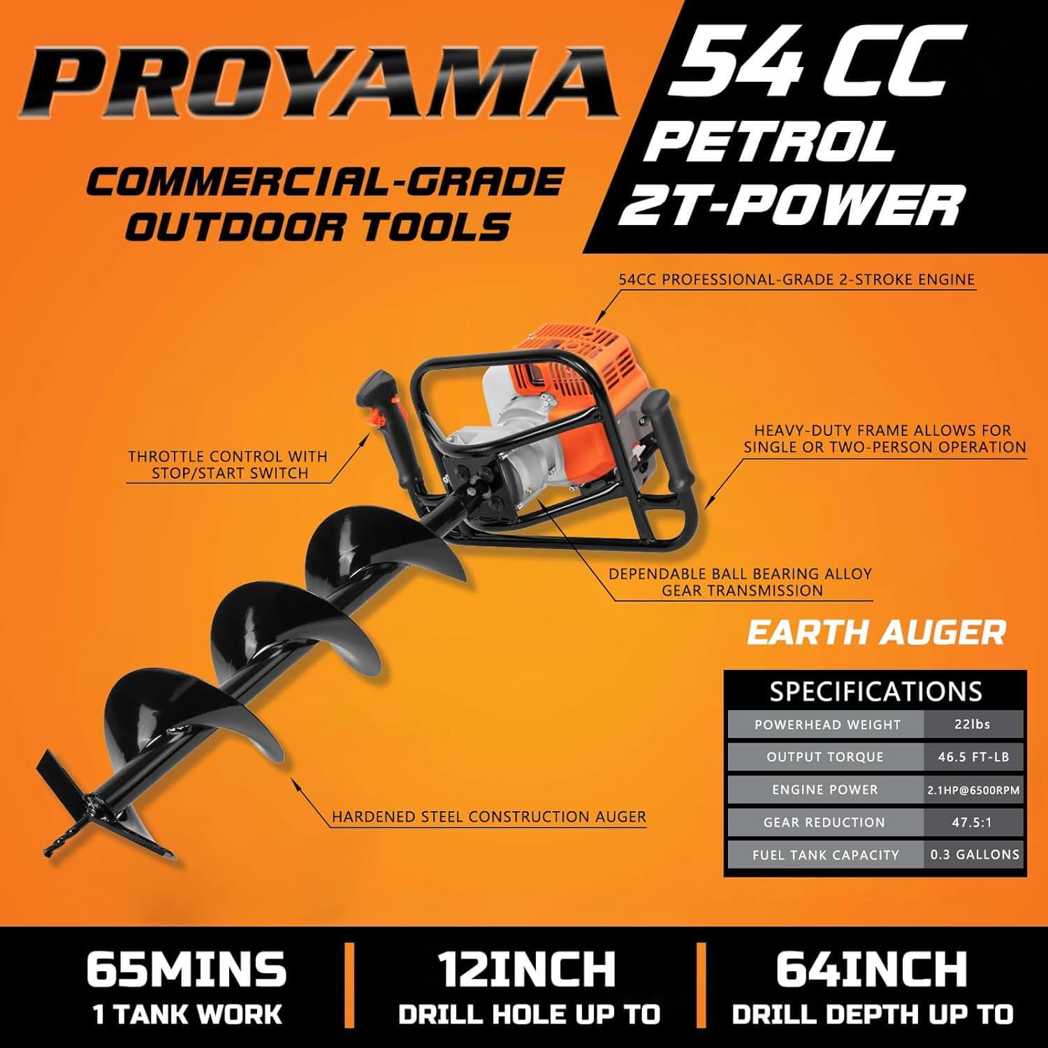 Proyama 54cc Post Hole Digger 2-Cycle Gas Powered Earth Auger