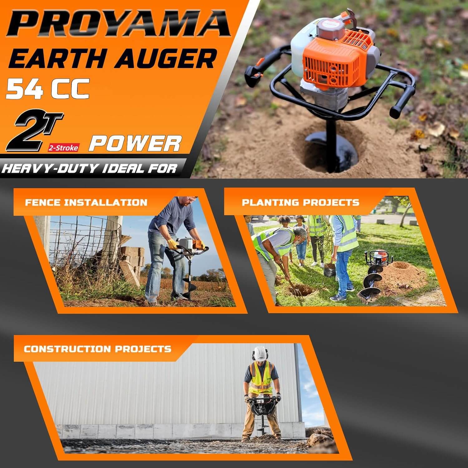 Proyama 54cc Post Hole Digger 2-Cycle Gas Powered Earth Auger