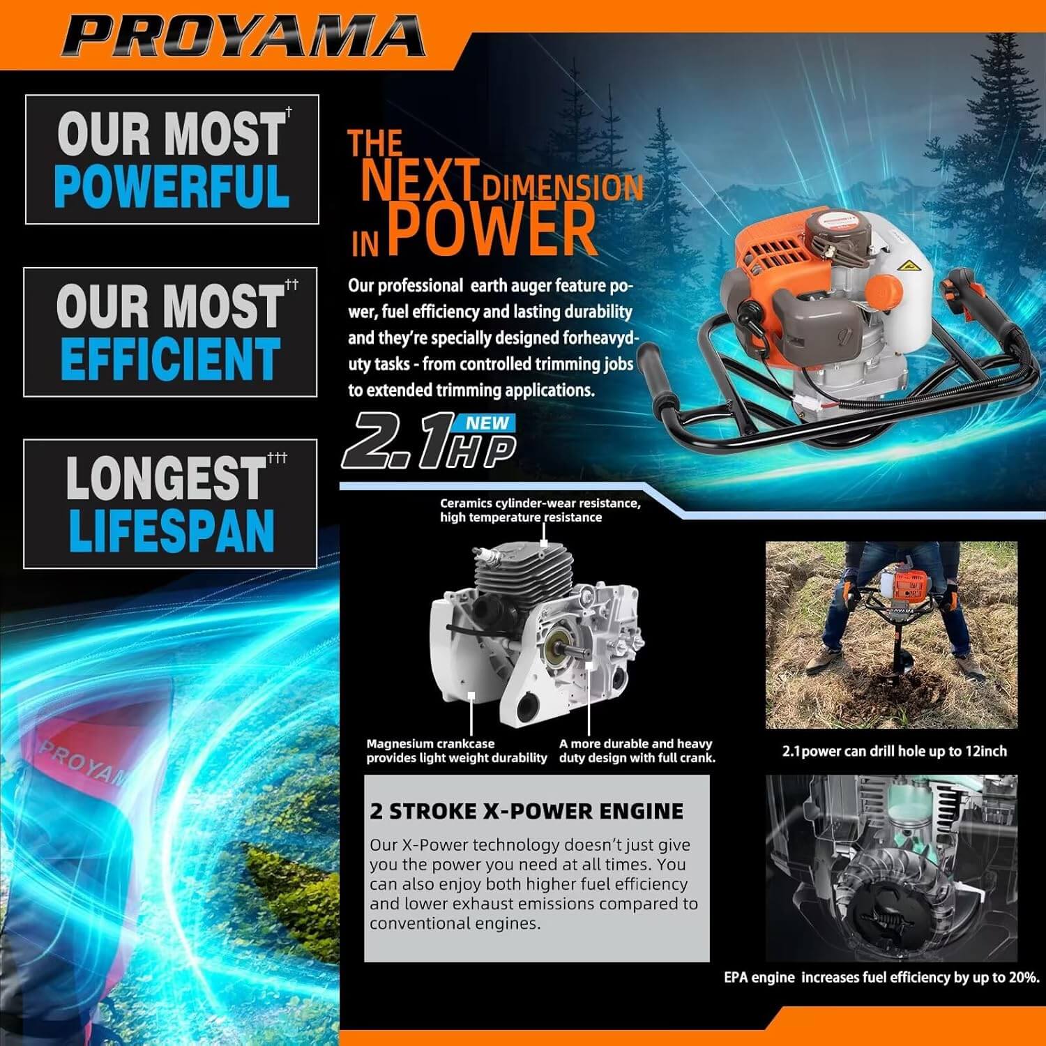 Proyama 54cc Post Hole Digger 2-Cycle Gas Powered Earth Auger